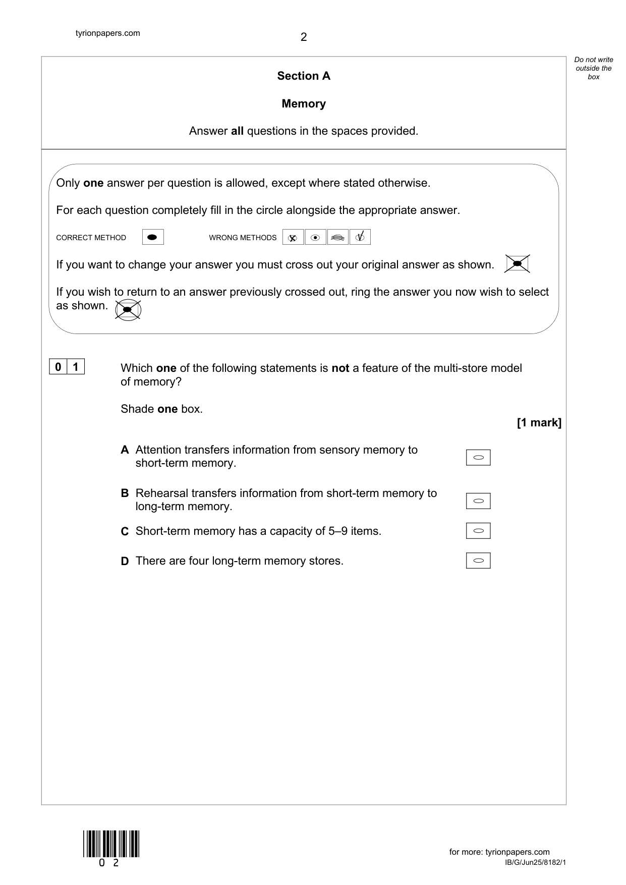 AQA GCSE Psychology Paper 1 2025 Question Paper