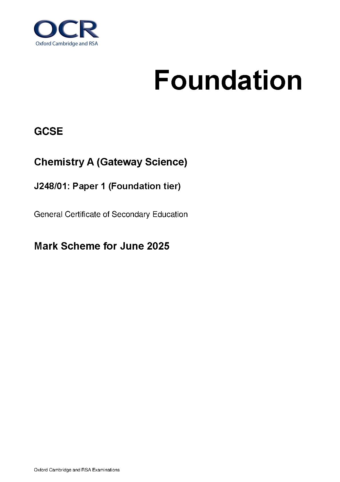 OCR GCSE Chemistry Paper 1 2025 Mark Scheme