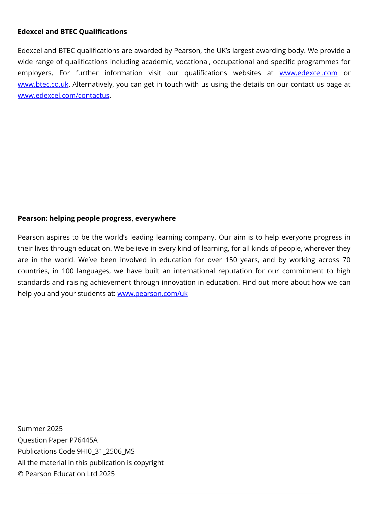 Pearson Edexcel A Level History Paper 31 2025 Mark Scheme