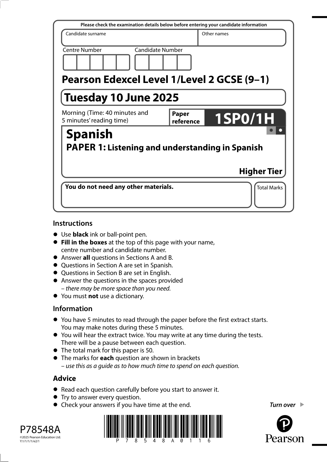 Pearson Edexcel GCSE Spanish Paper 1h 2025 Question Paper