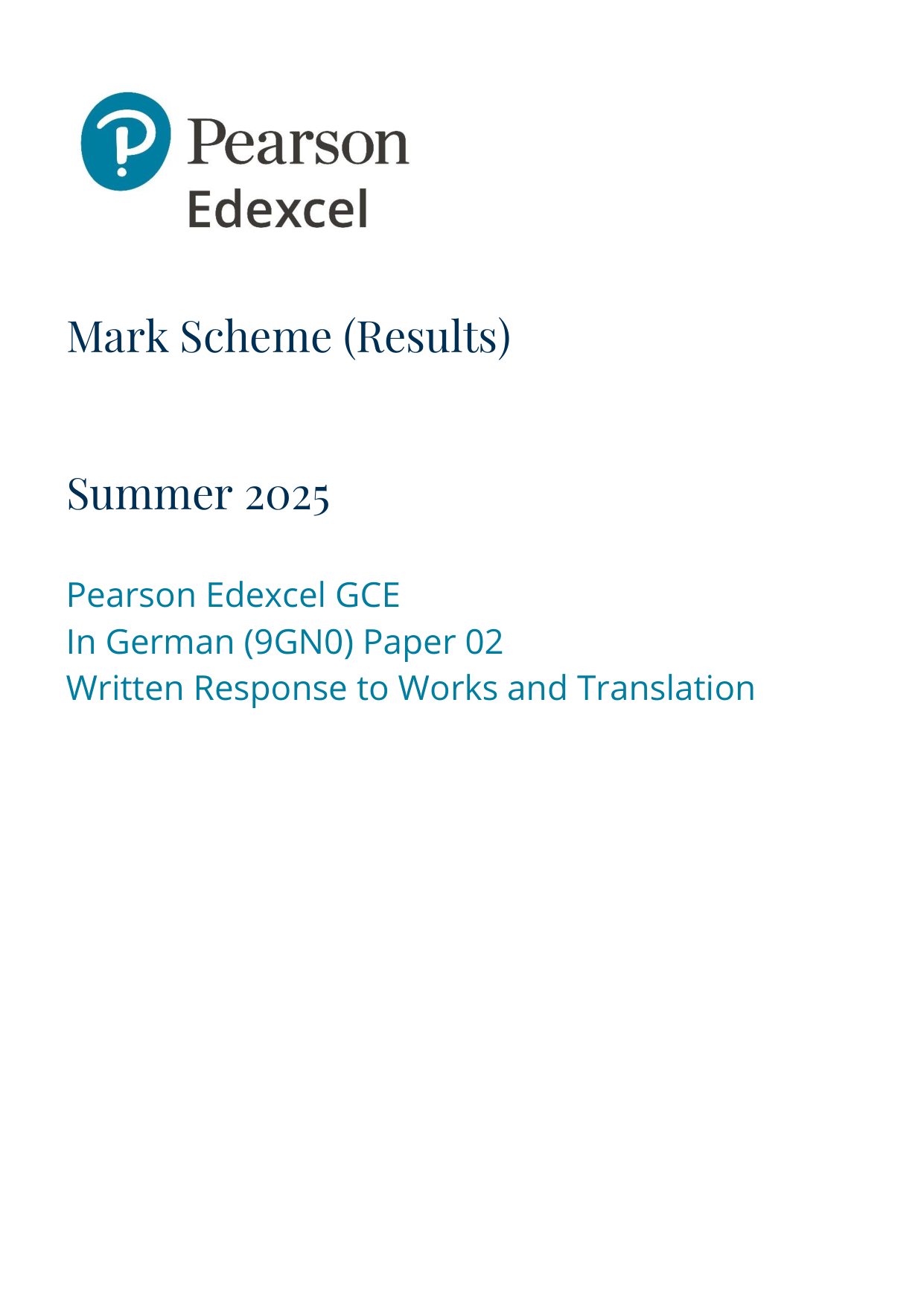 Pearson Edexcel A Level German 2025 Paper 2 Mark Scheme