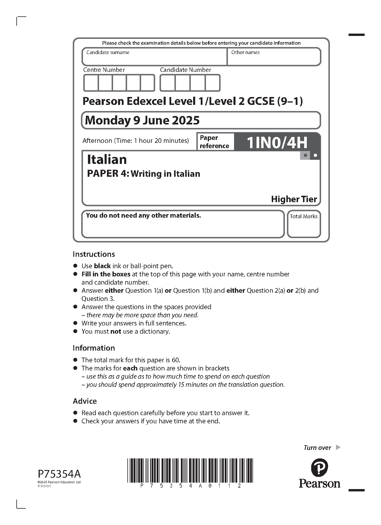 Pearson Edexcel GCSE Italian Paper 4H 2025 Question Paper IMG-1