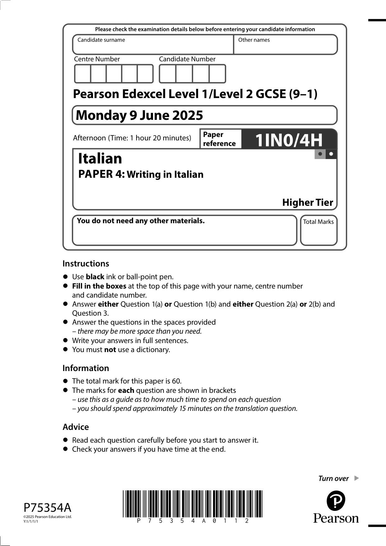 Pearson Edexcel GCSE Italian Paper 4H 2025 Question Paper