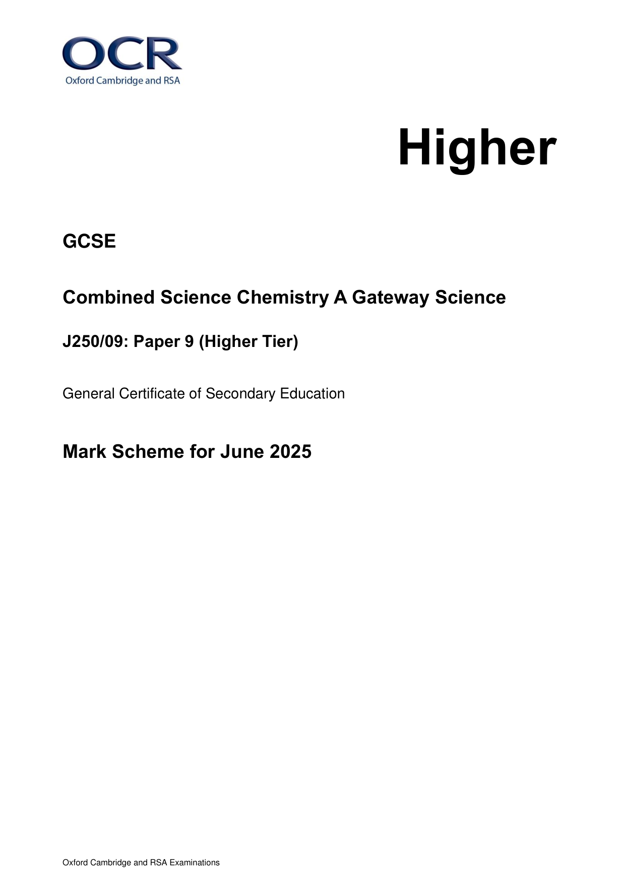 OCR GCSE Combined Science Chemistry A Paper 9 2025 MS