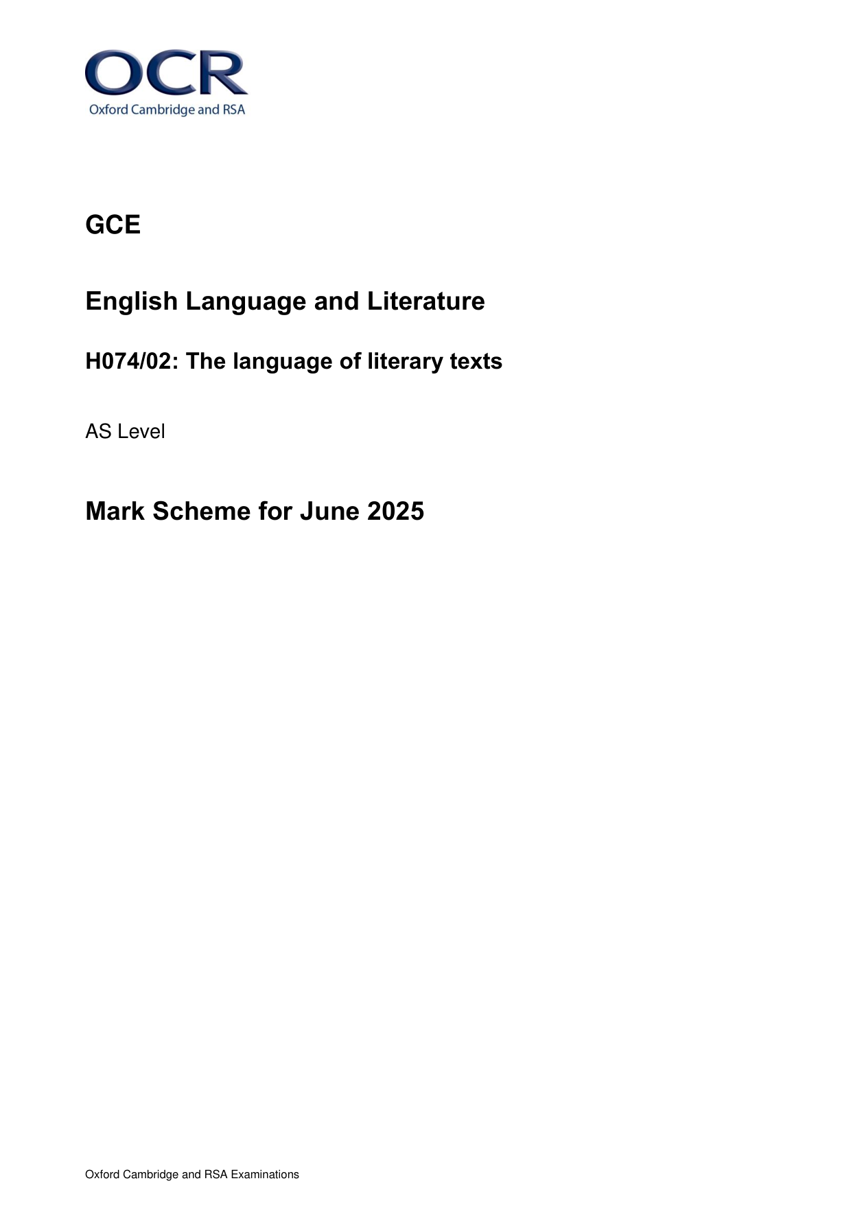 OCR AS English Language and Literature Paper 2 2025 Ms