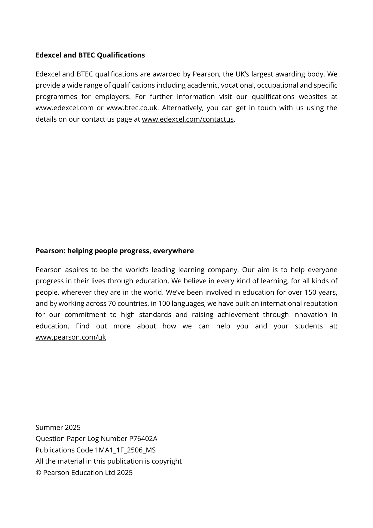 Pearson Edexcel GCSE Maths Paper 1F 2025 Mark Scheme