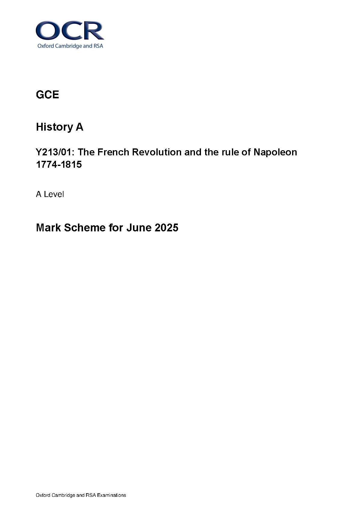 OCR A Level History A French Revolution 2025 Mark Scheme