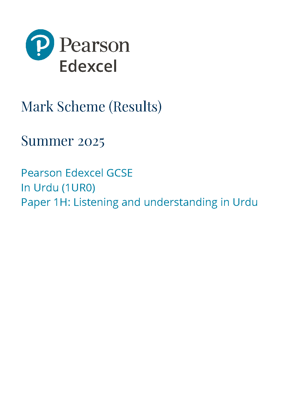 Pearson Edexcel GCSE Urdu Paper 1H 2025 Mark Scheme IMG-1