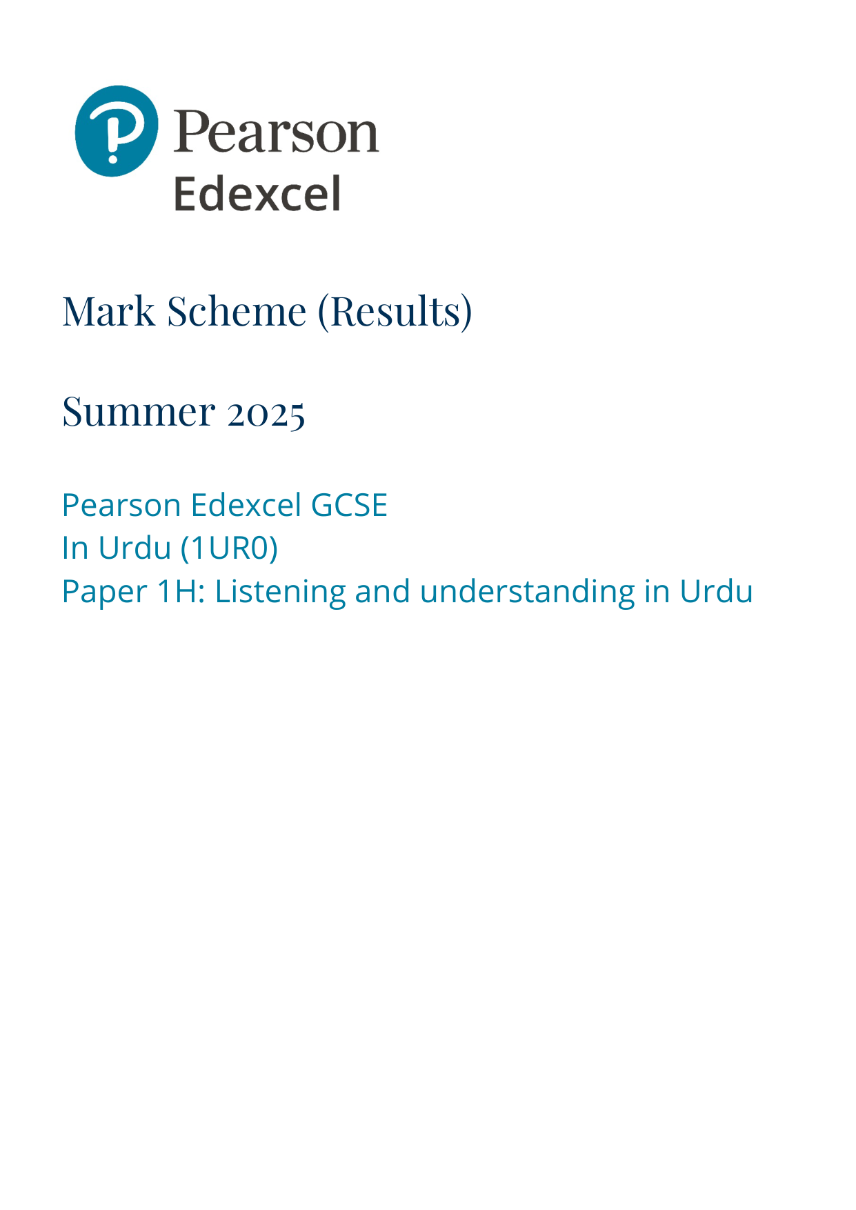 Pearson Edexcel GCSE Urdu Paper 1H 2025 Mark Scheme