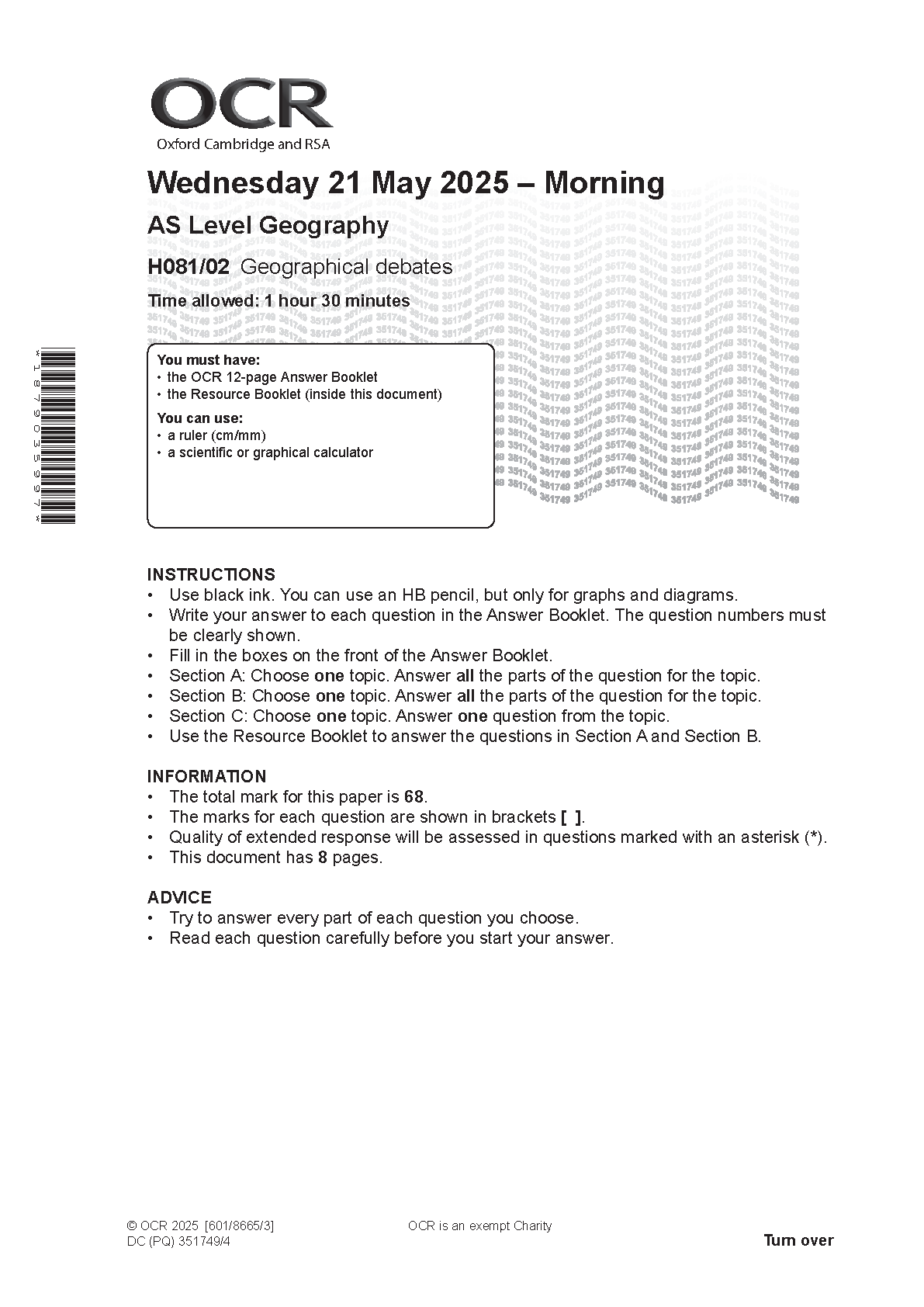 OCR AS Geography Paper 2 2025 Question Paper PDF