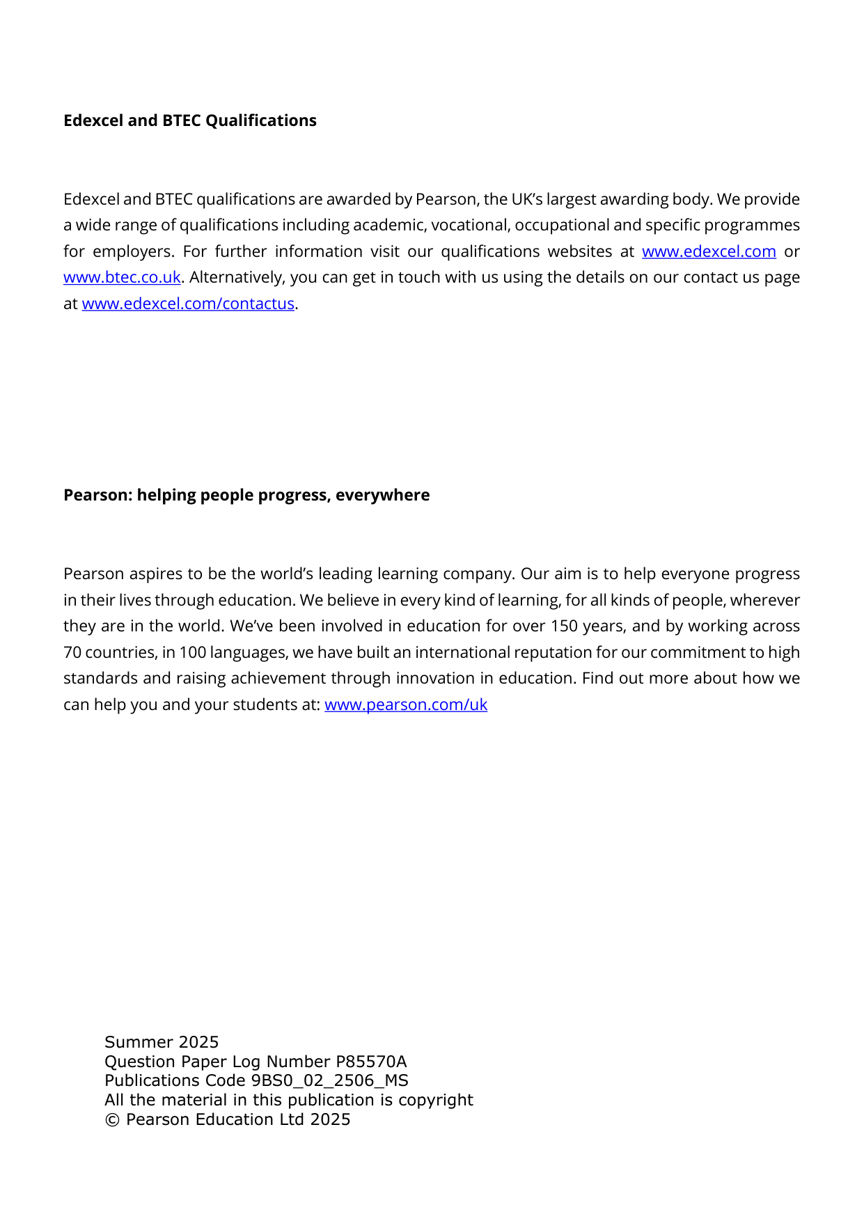 Pearson Edexcel A Level Business Paper 2 2025 Mark scheme