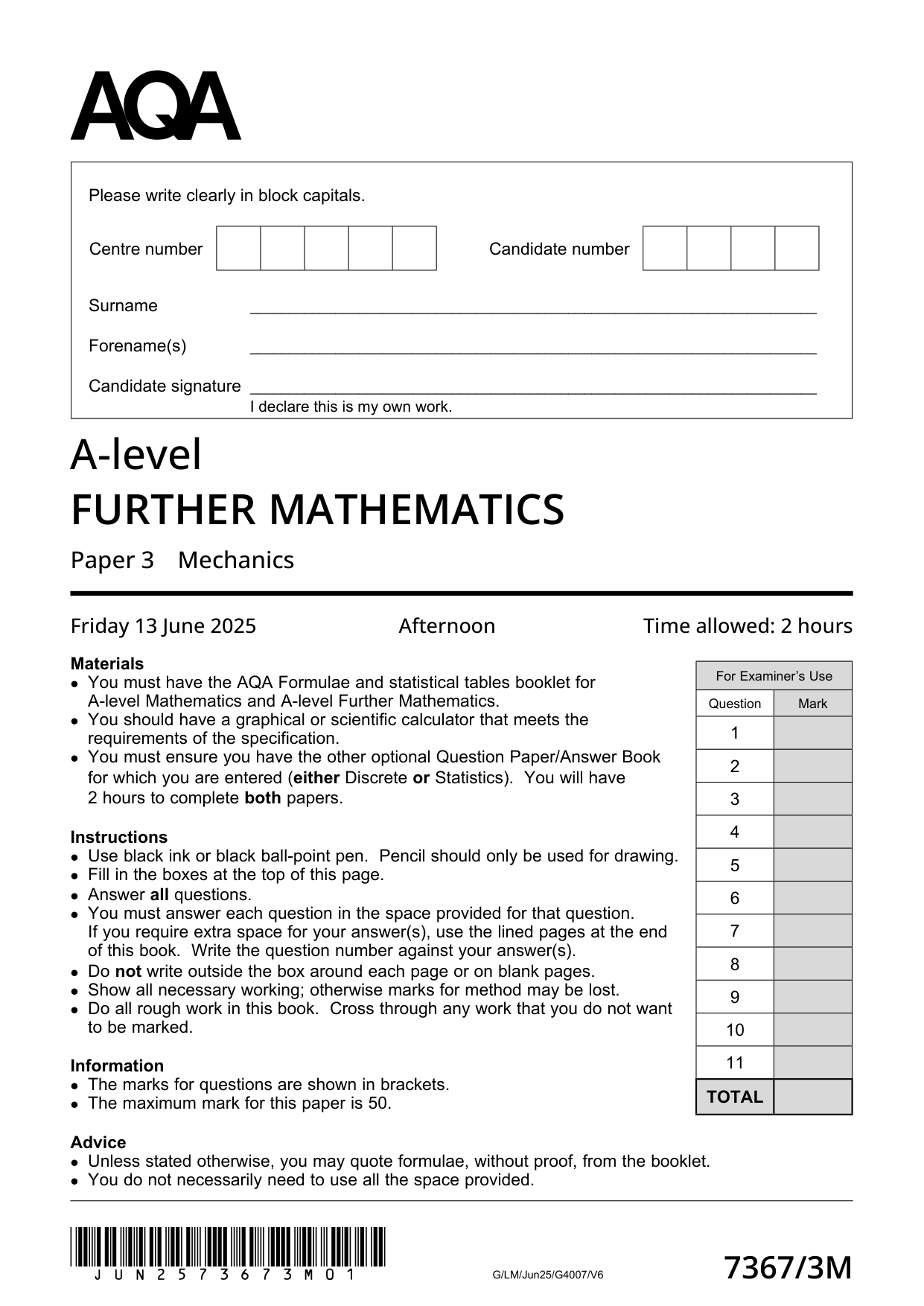 AQA Further Mathematics Paper 3M 2025 Question Paper PDF