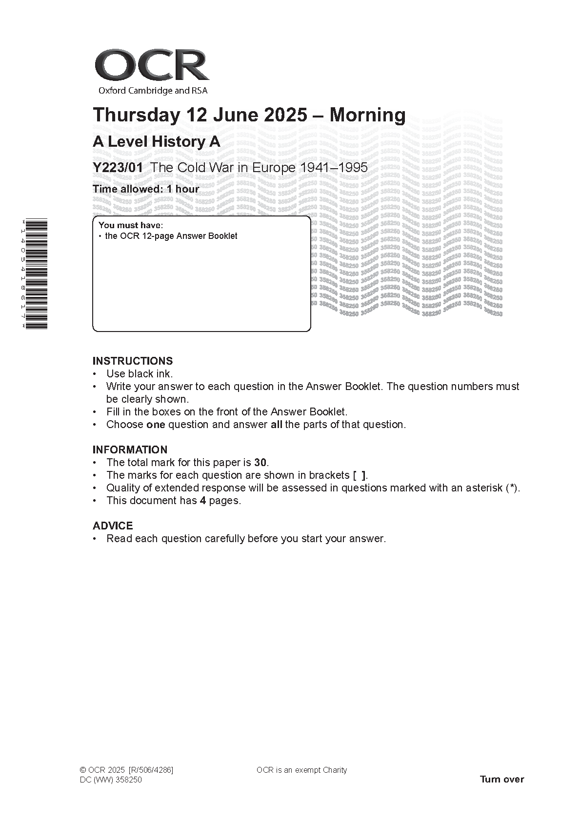 OCR A Level History A Cold War Europe 2025 Question Paper