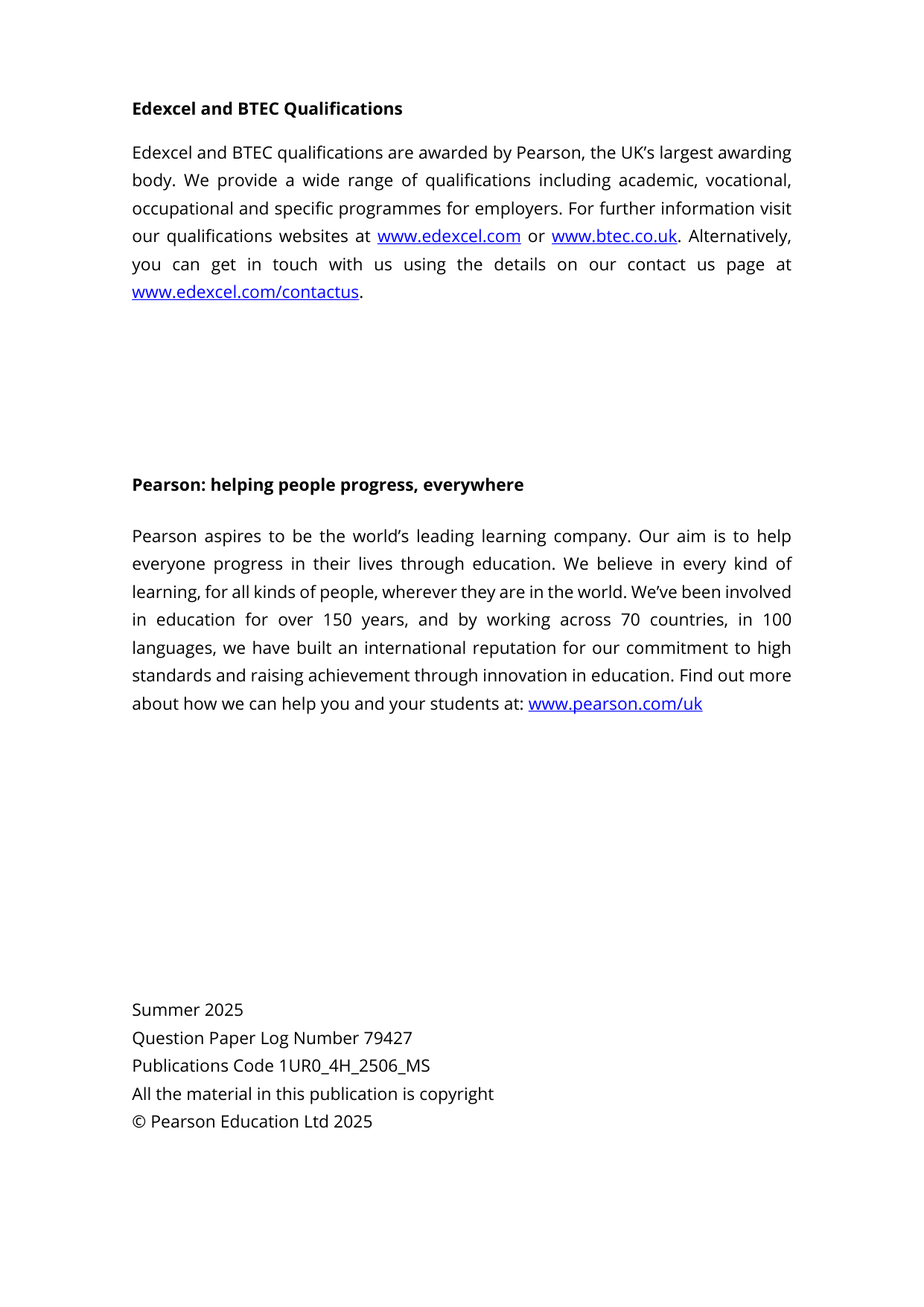 Pearson Edexcel GCSE Urdu Paper 4H 2025 Mark Scheme