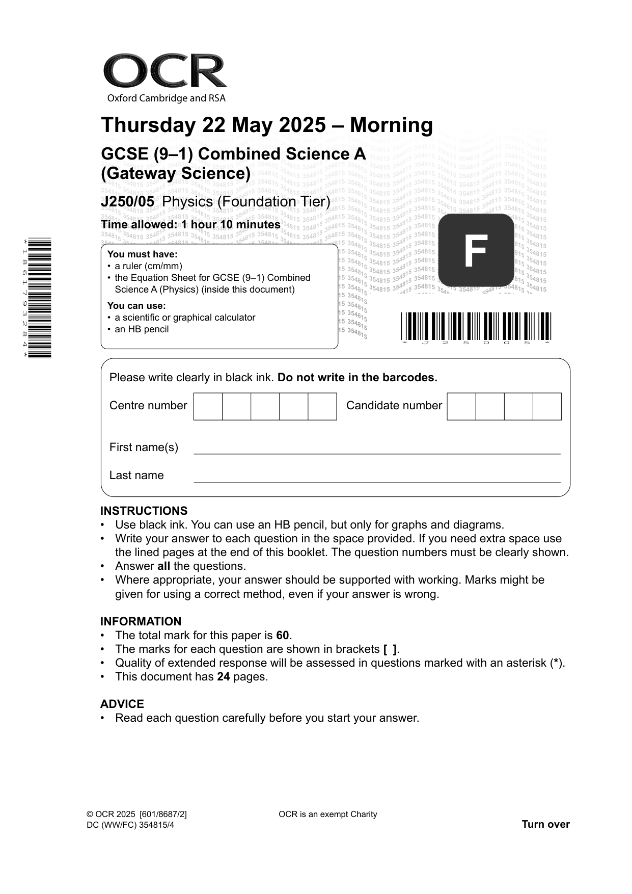 OCR GCSE Combined Science A Physics Paper 5 2025 QP