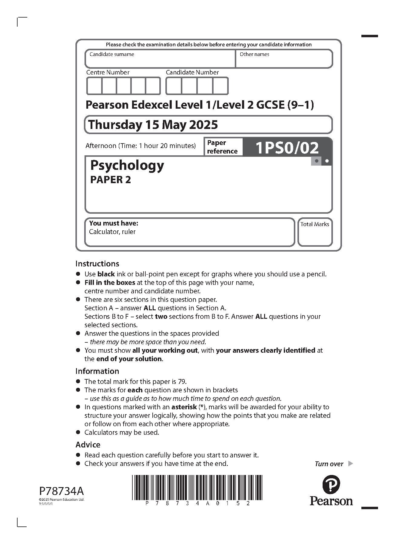 Pearson Edexcel GCSE Psychology Paper 2  2025 Question Paper