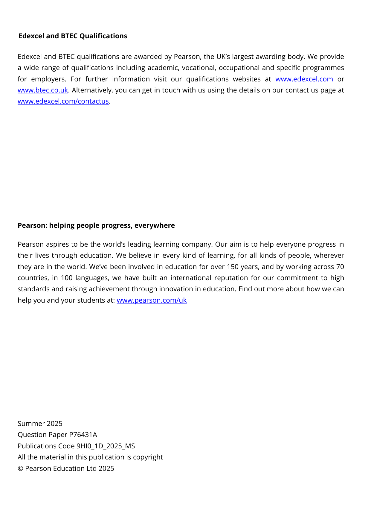 Pearson Edexcel A Level History Paper 1D 2025 Mark Scheme