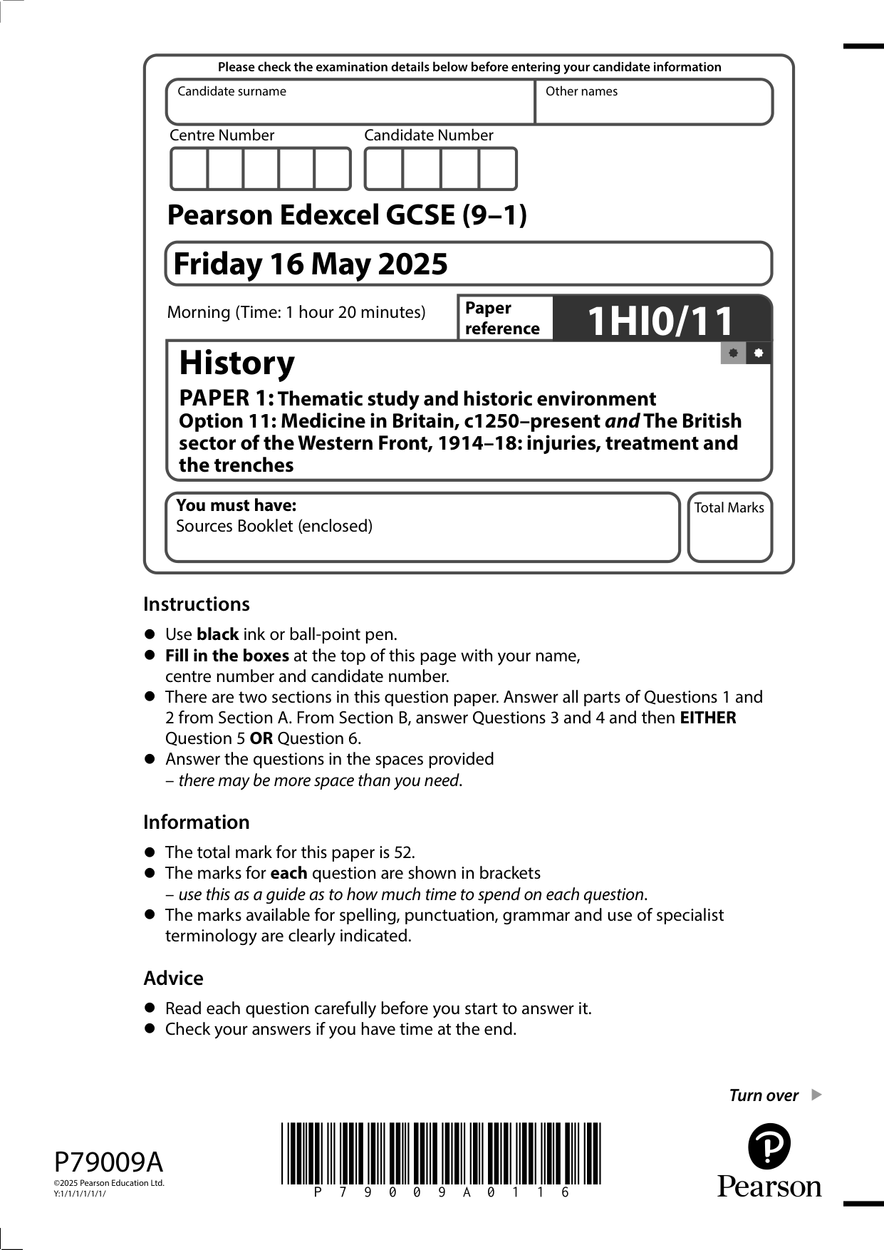 Pearson Edexcel GCSE History Paper 1 Option 112025 QP