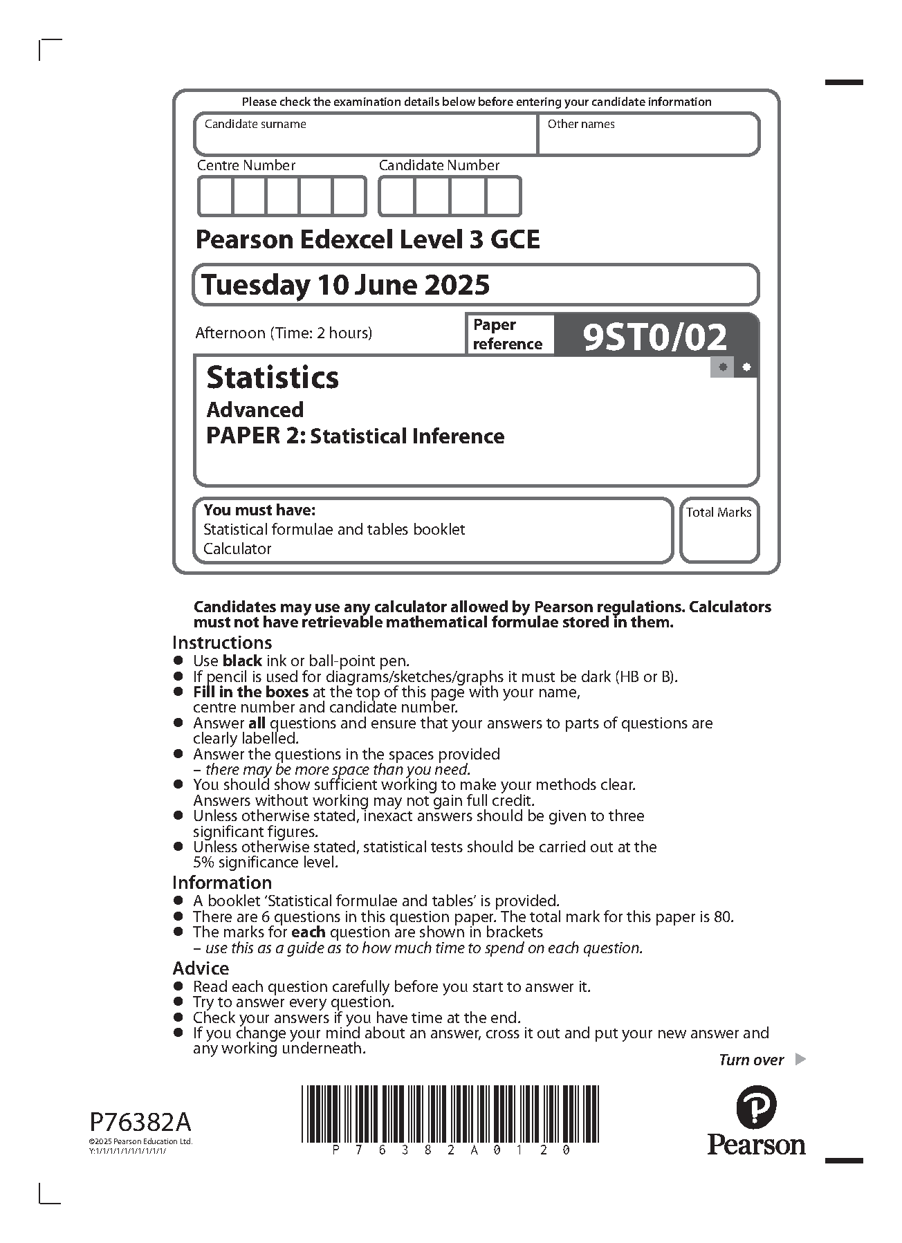 Pearson Edexcel A Level Statistics Paper 2 2025 QP