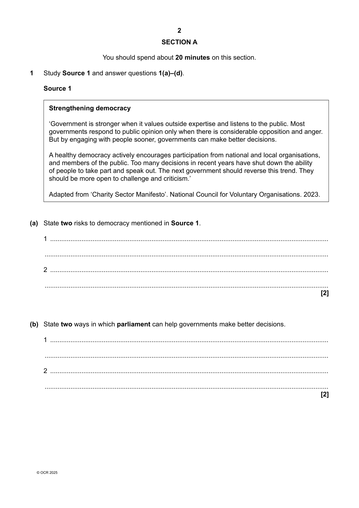 OCR GCSE Citizenship Studies Paper 2 2025 Question Paper