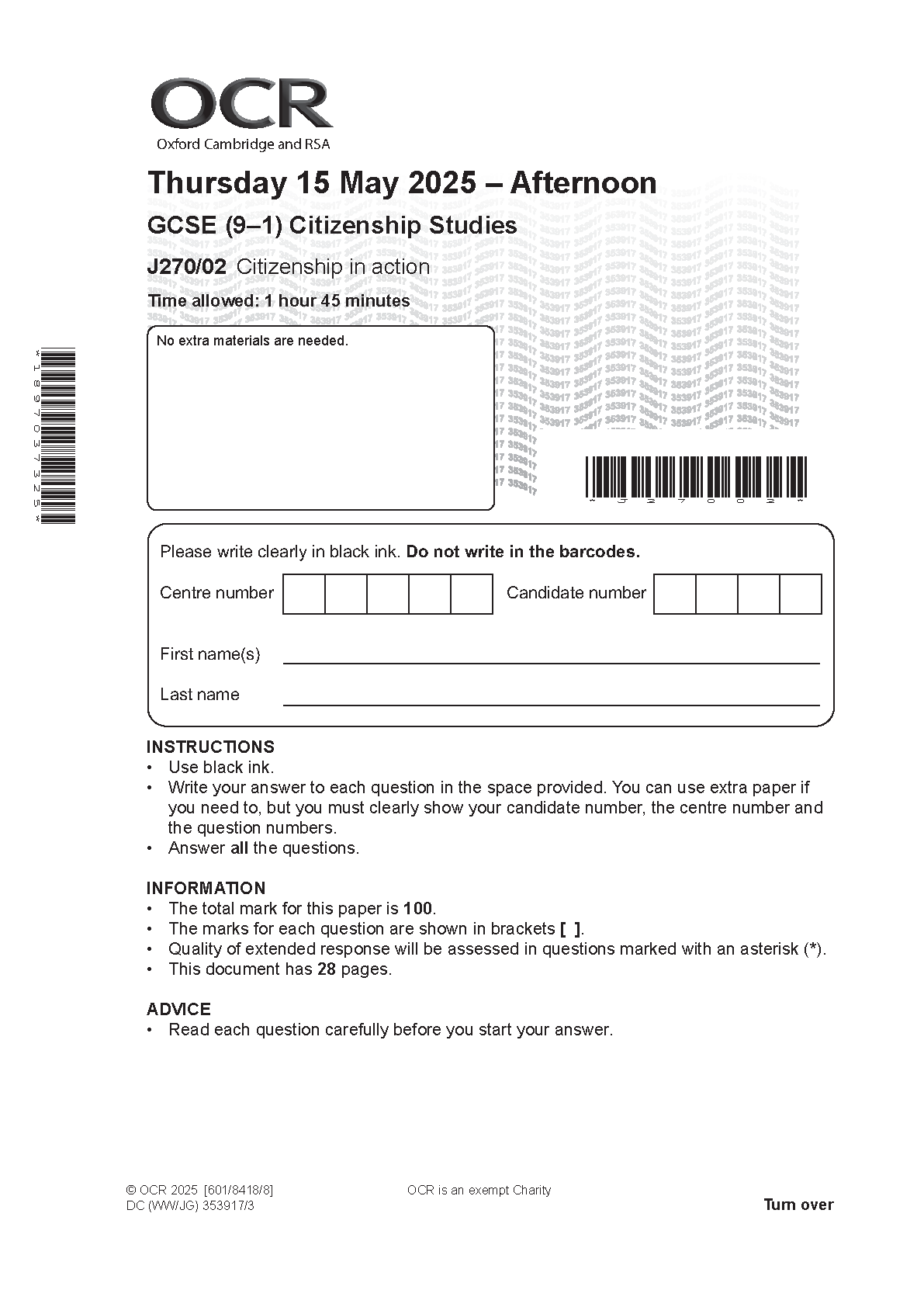OCR GCSE Citizenship Studies Paper 2 2025 Question Paper