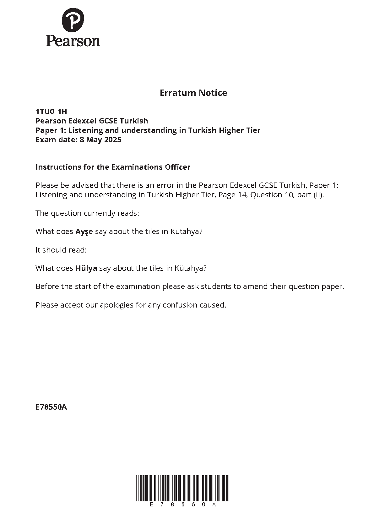 Pearson Edexcel GCSE Turkish Paper 1H 2025 Question Paper IMG-1