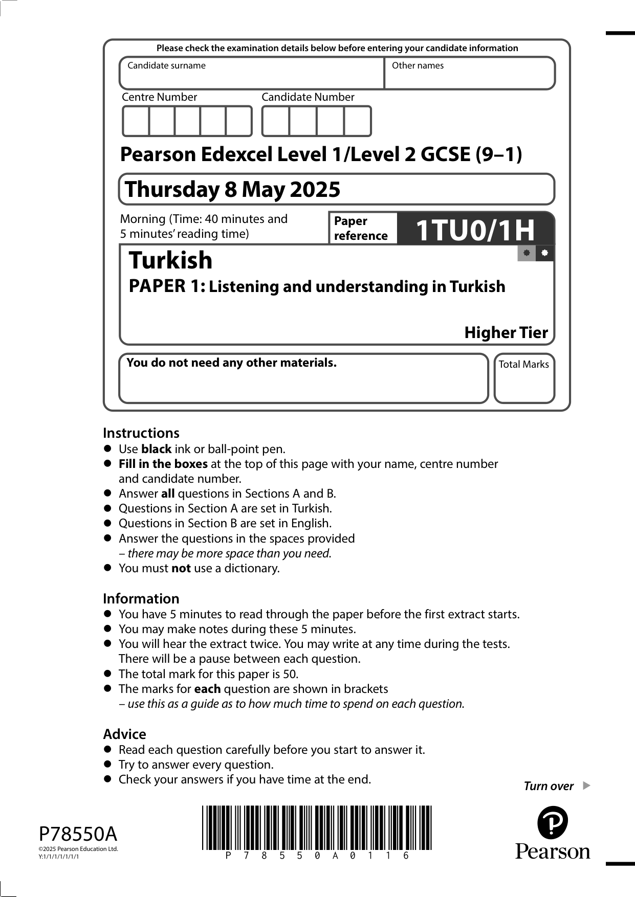 Pearson Edexcel GCSE Turkish Paper 1H 2025 Question Paper IMG-3