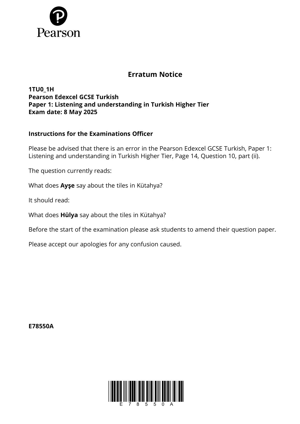 Pearson Edexcel GCSE Turkish Paper 1H 2025 Question Paper