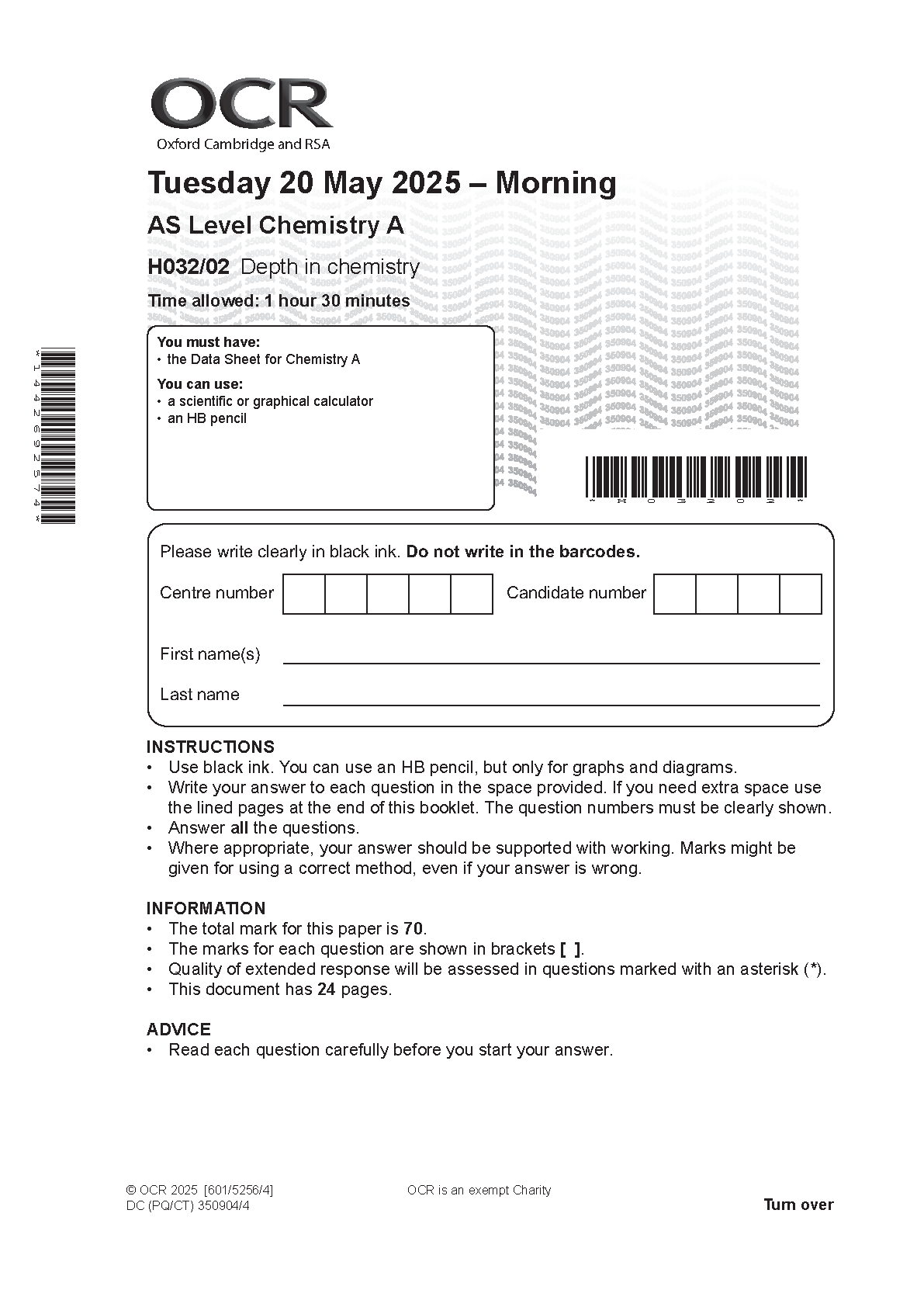 OCR AS Level Chemistry A Paper 2 2025 Question Paper