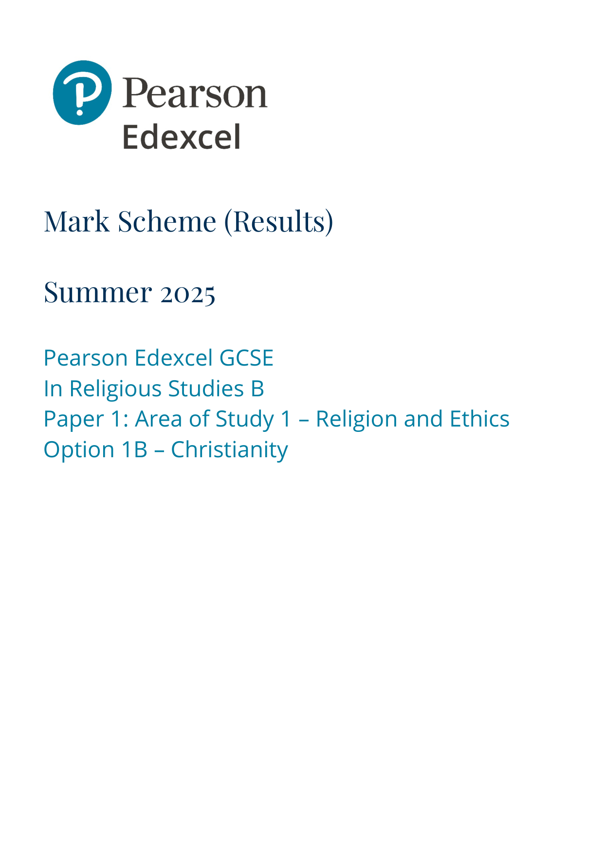 Pearson Edexcel GCSE Religious Studies B Paper 1B 2025 MS