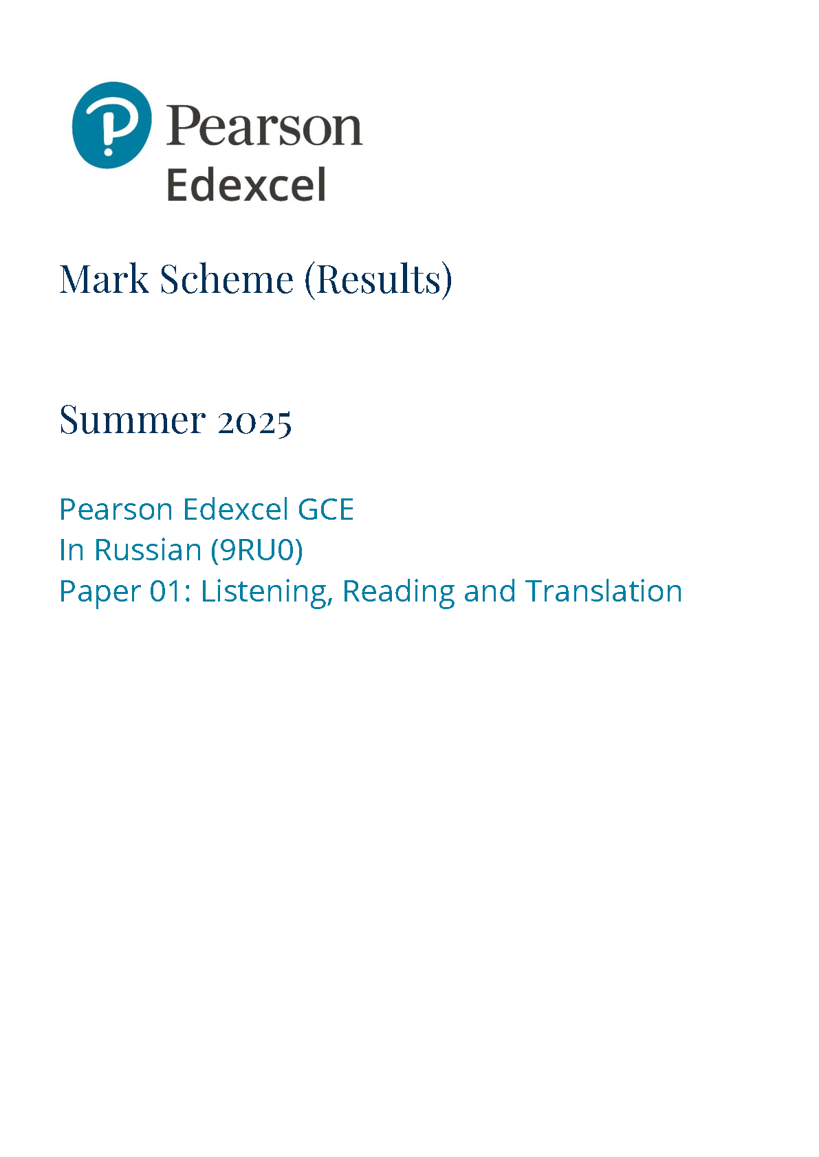 Pearson Edexcel A Level Russian Paper 1 2025 Mark Scheme IMG-1