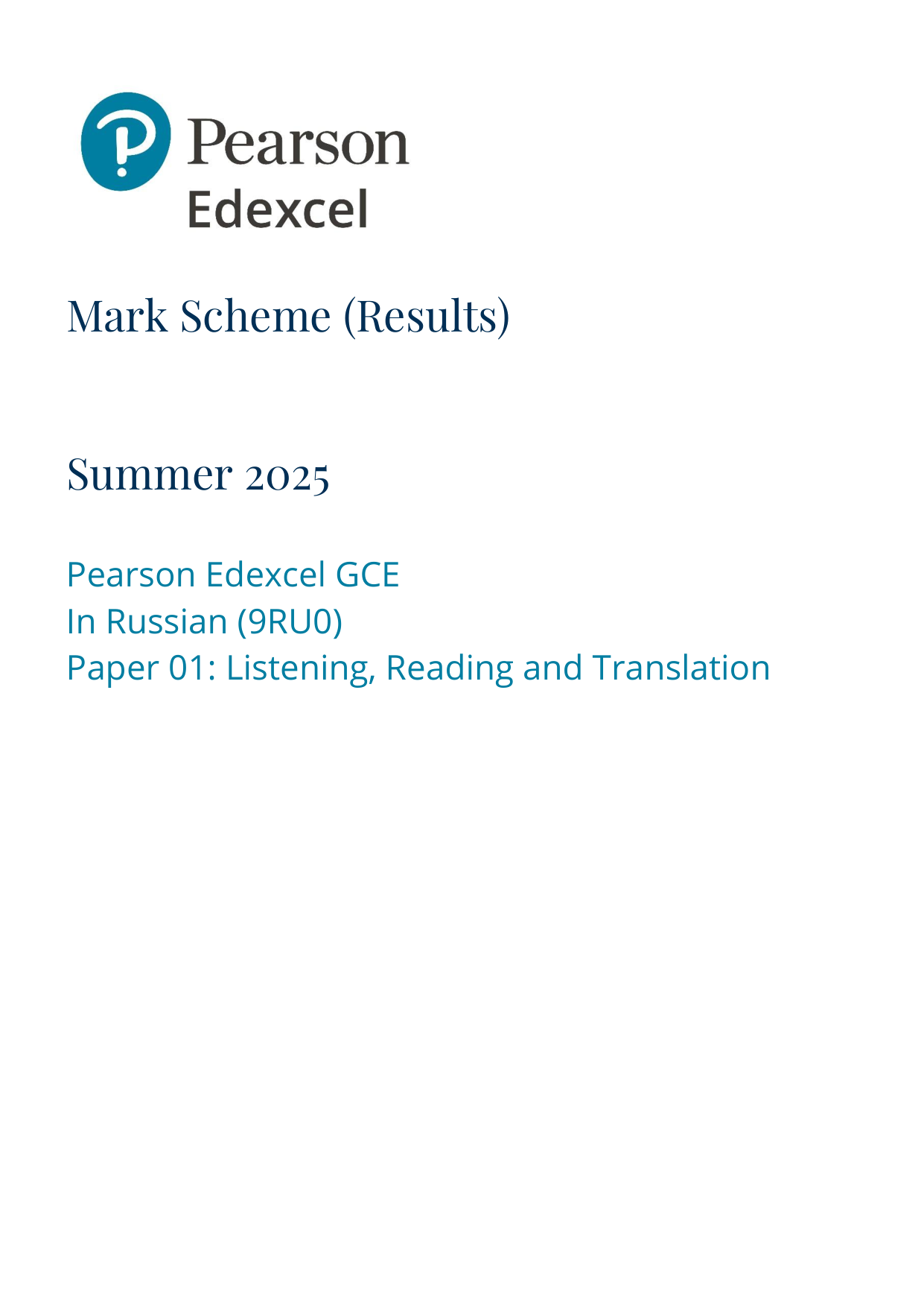 Pearson Edexcel A Level Russian Paper 1 2025 Mark Scheme