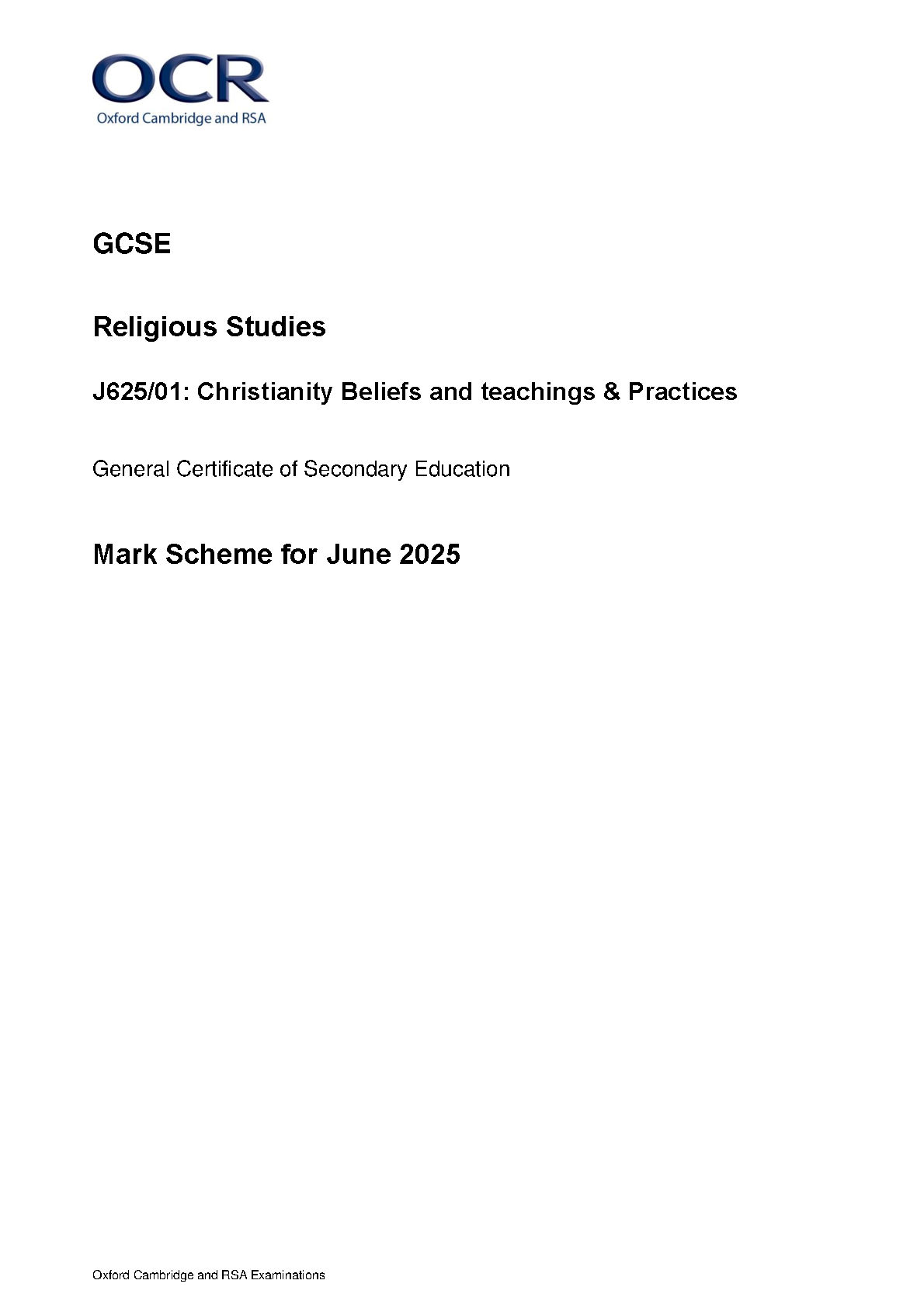 OCR GCSE Religious Studies Paper 1 2025 Mark Scheme