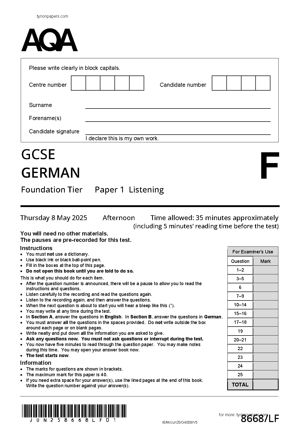 AQA GCSE German Paper 1F 2025 Listening Paper IMG-1