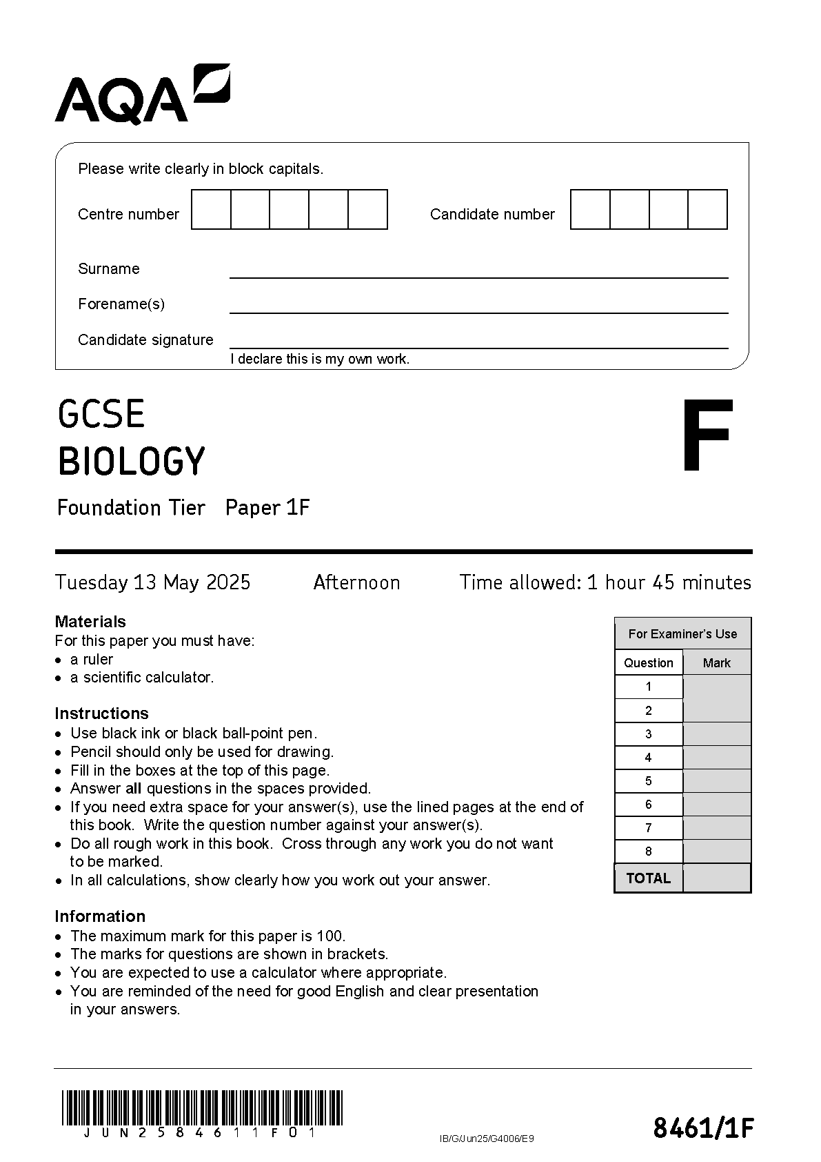 AQA GCSE Biology 1F 2025 Question Paper PDF IMG-1