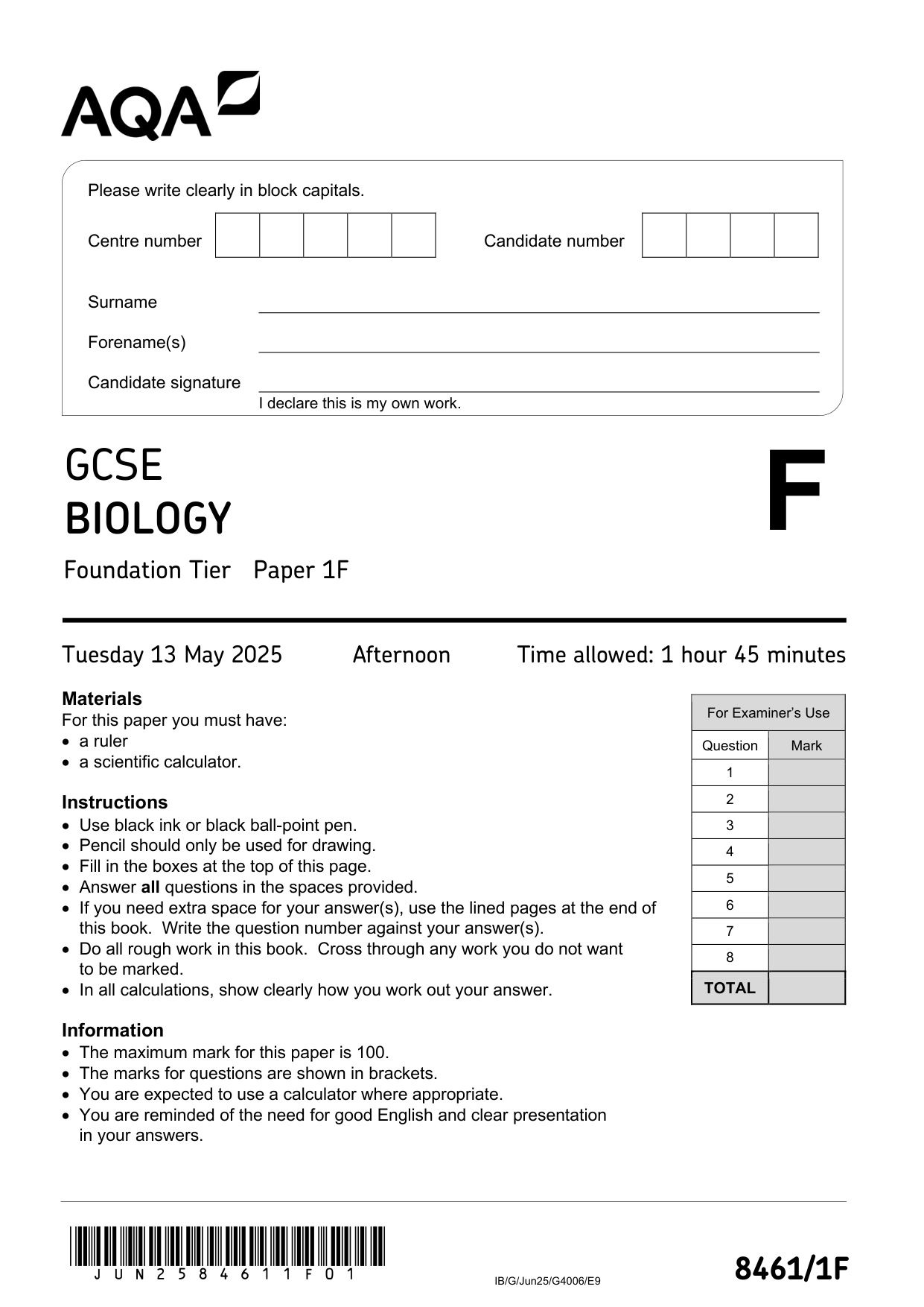 AQA GCSE Biology 1F 2025 Question Paper PDF