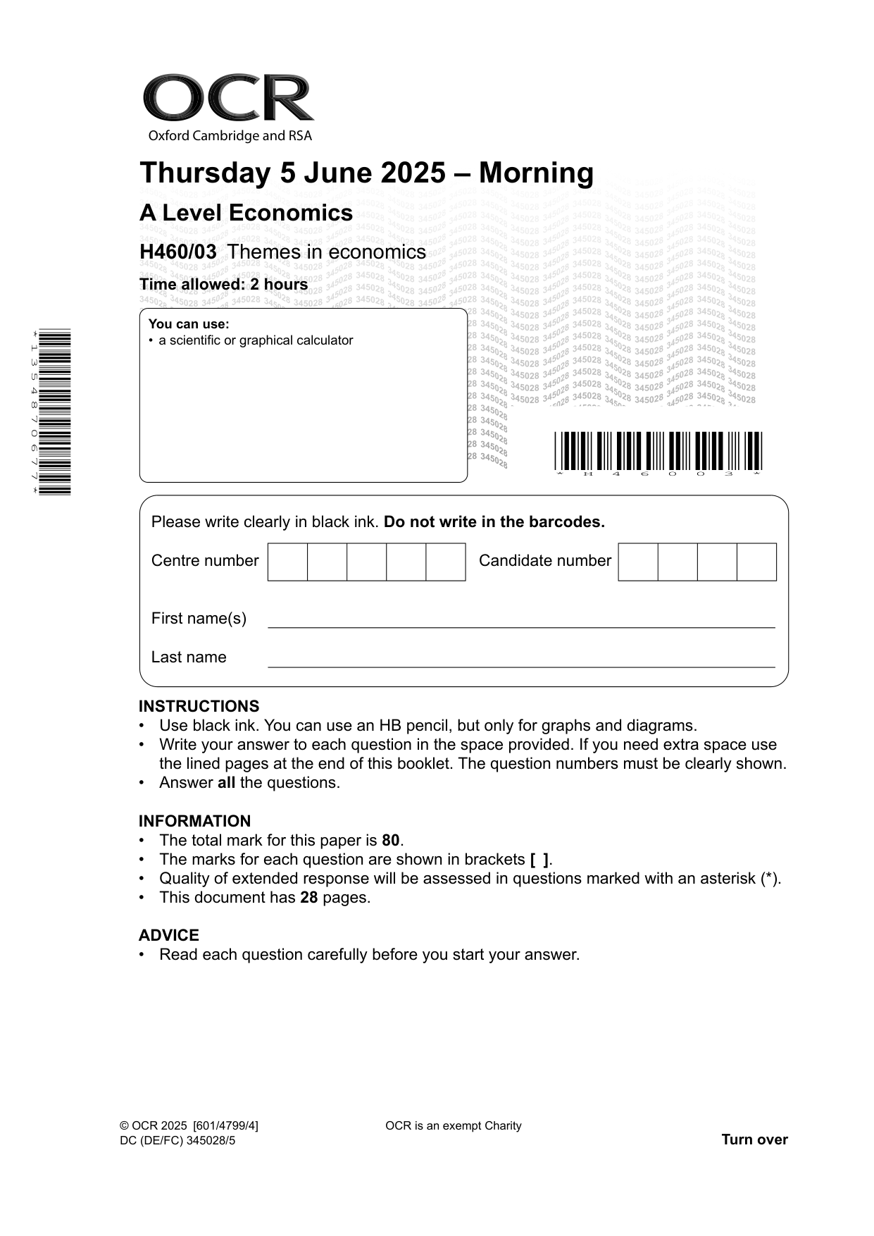 OCR A Level Economics Paper 3 Question Paper