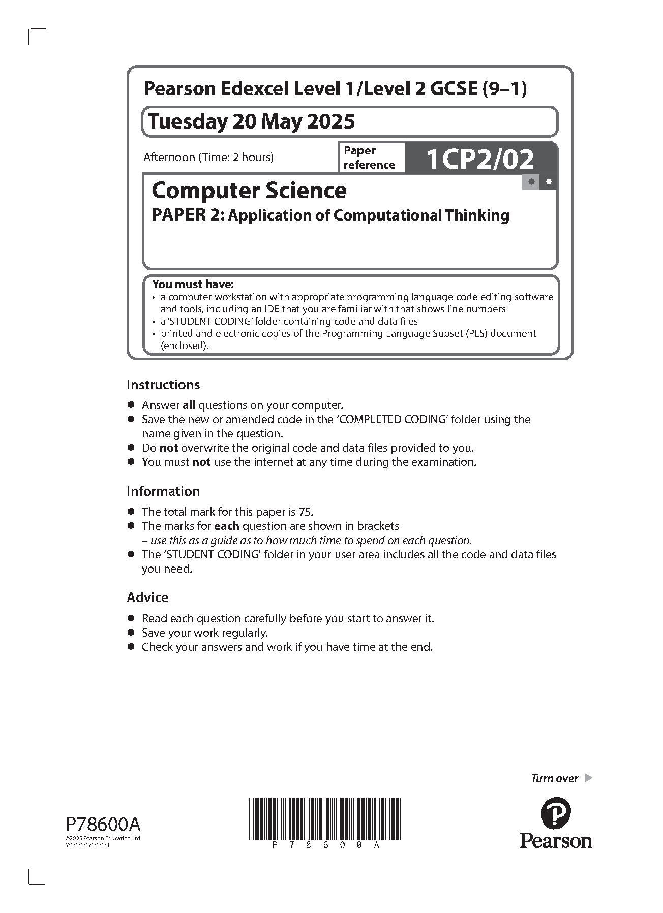 Pearson Edexcel GCSE Computer Science Paper 2 2025 Q P
