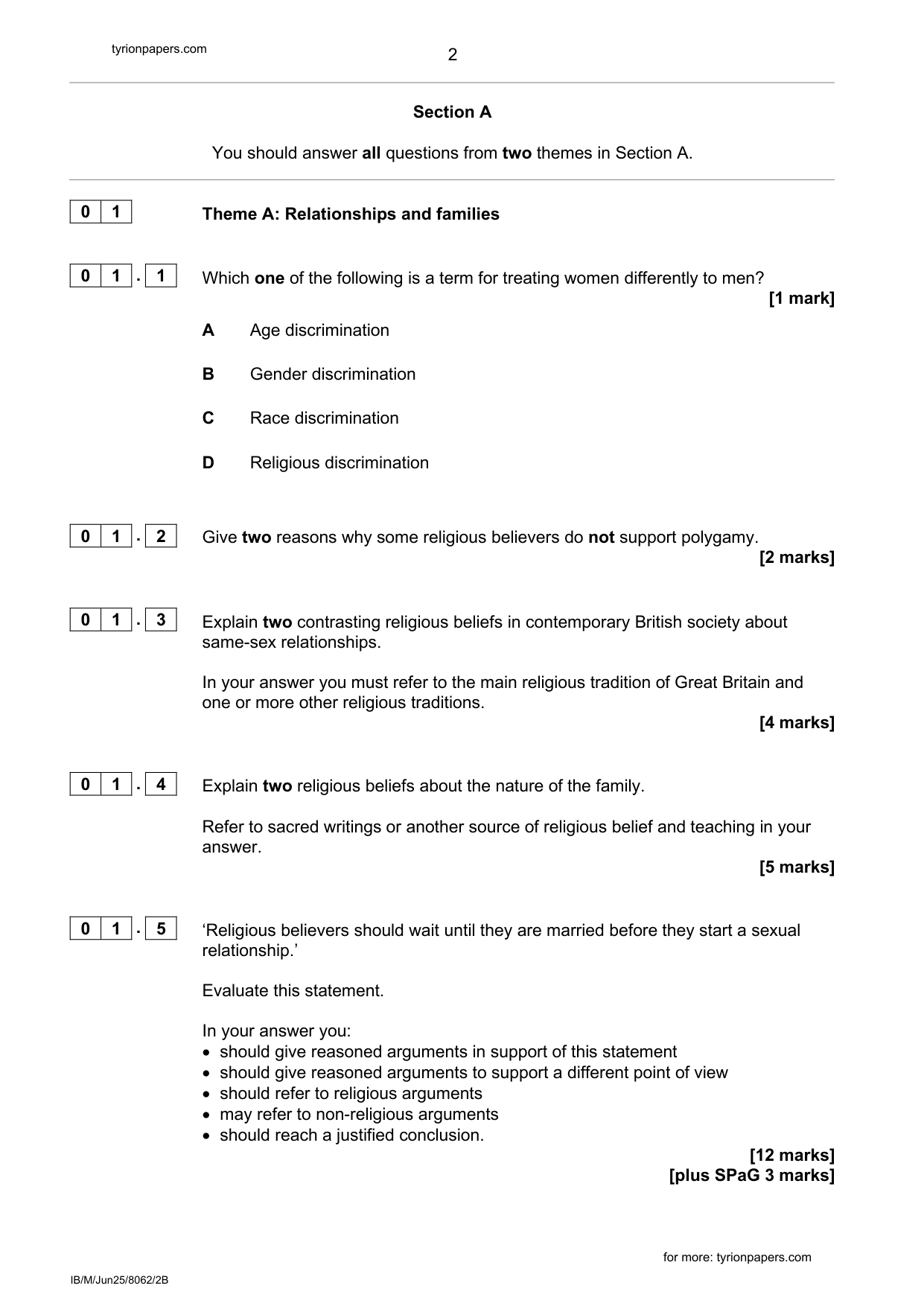 AQA GCSE Religious Studies A Paper 2B 2025 Question Paper