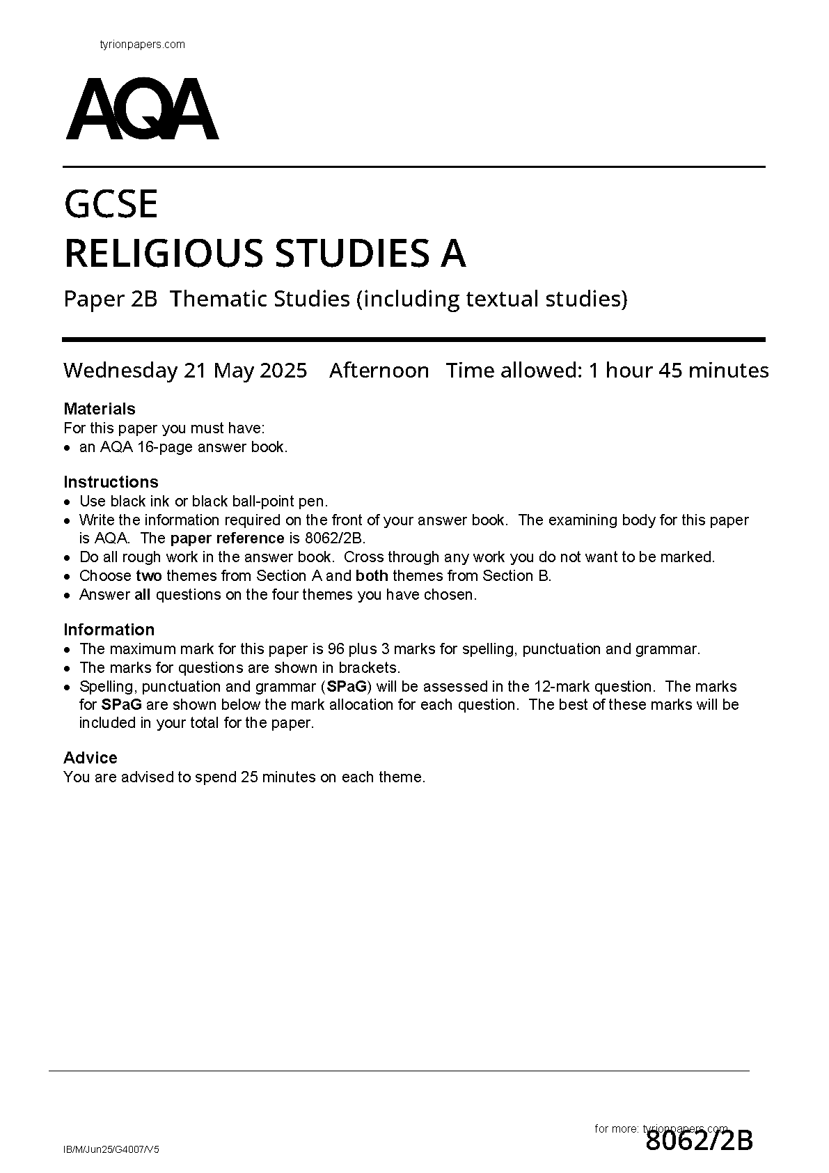AQA GCSE Religious Studies A Paper 2B 2025 Question Paper