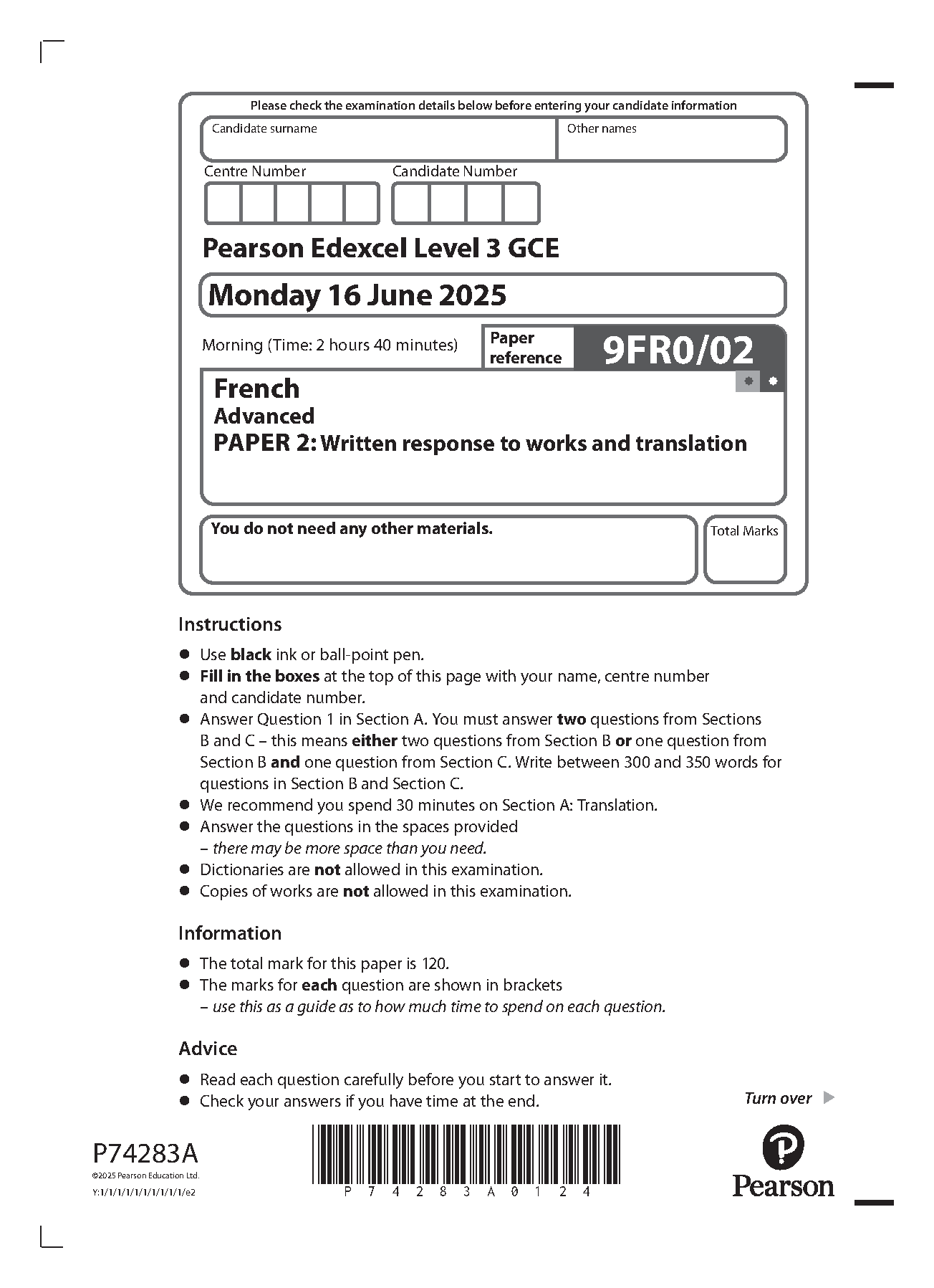 Pearson Edexcel A Level French 2025 Paper 2 QP PDF