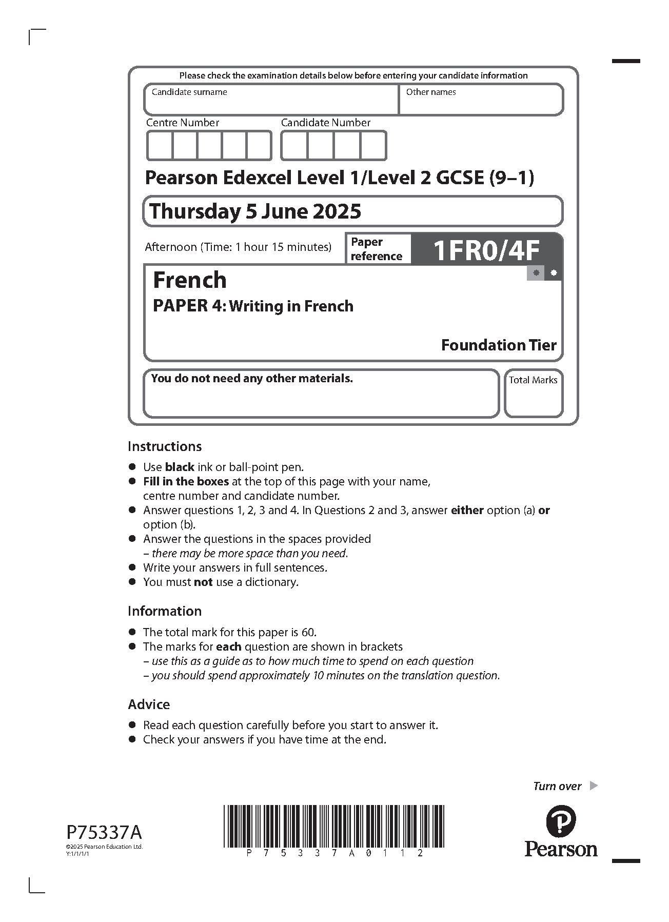 Pearson Edexcel GCSE French Paper 4F 2025 Writing Paper PDF