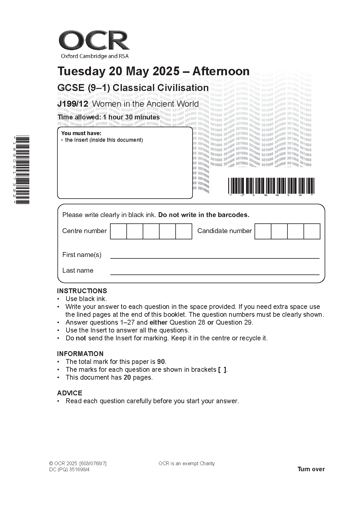 OCR GCSE Classical Civilisation Paper 12 2025 Question Paper