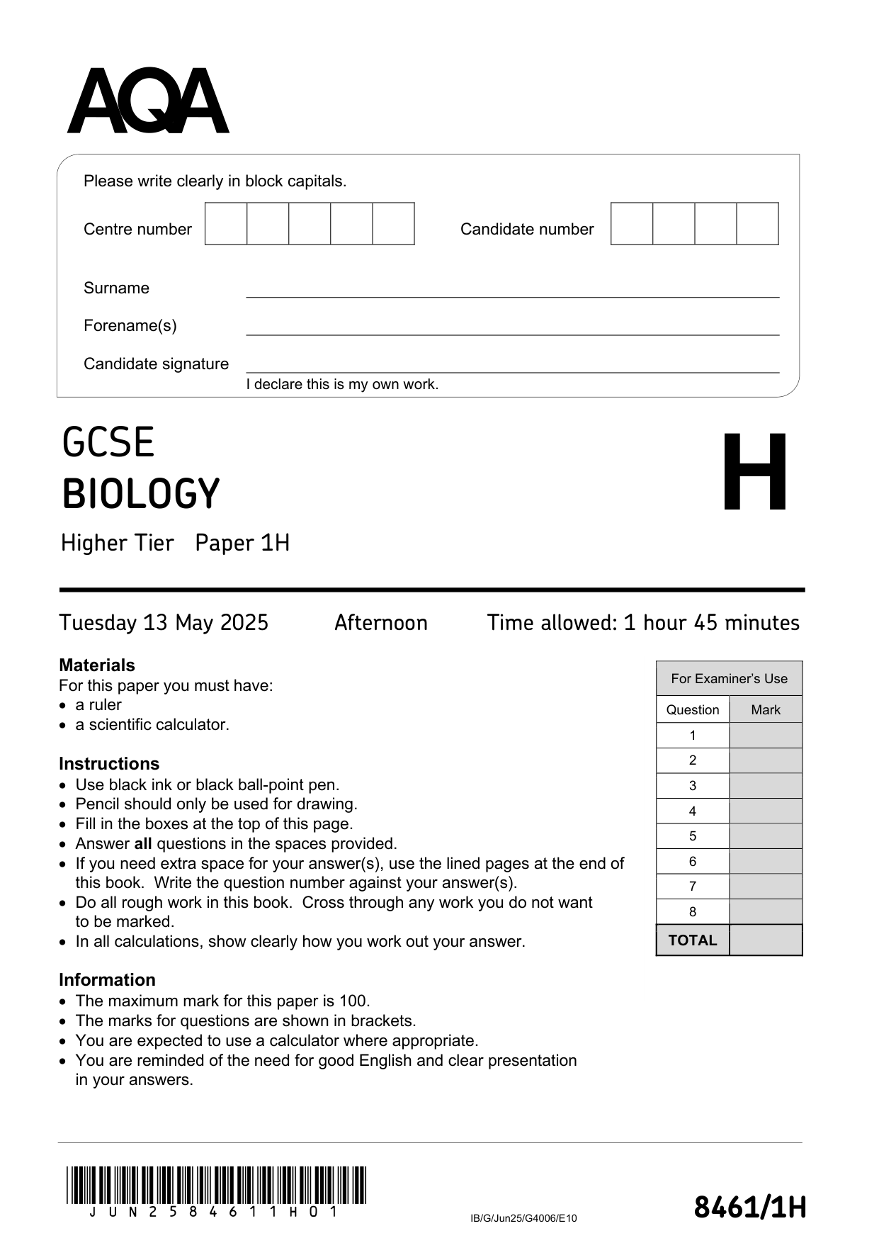 AQA GCSE Biology Paper 1 2025 Question Paper