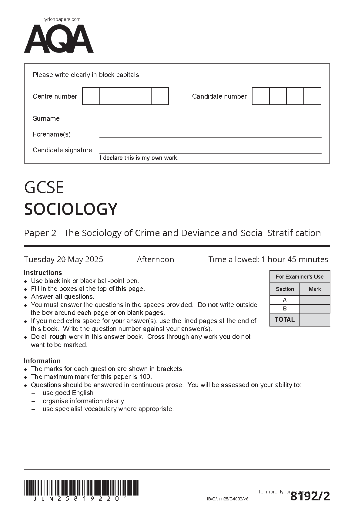 AQA GCSE Sociology Paper 2 2025 Question Paper IMG-1