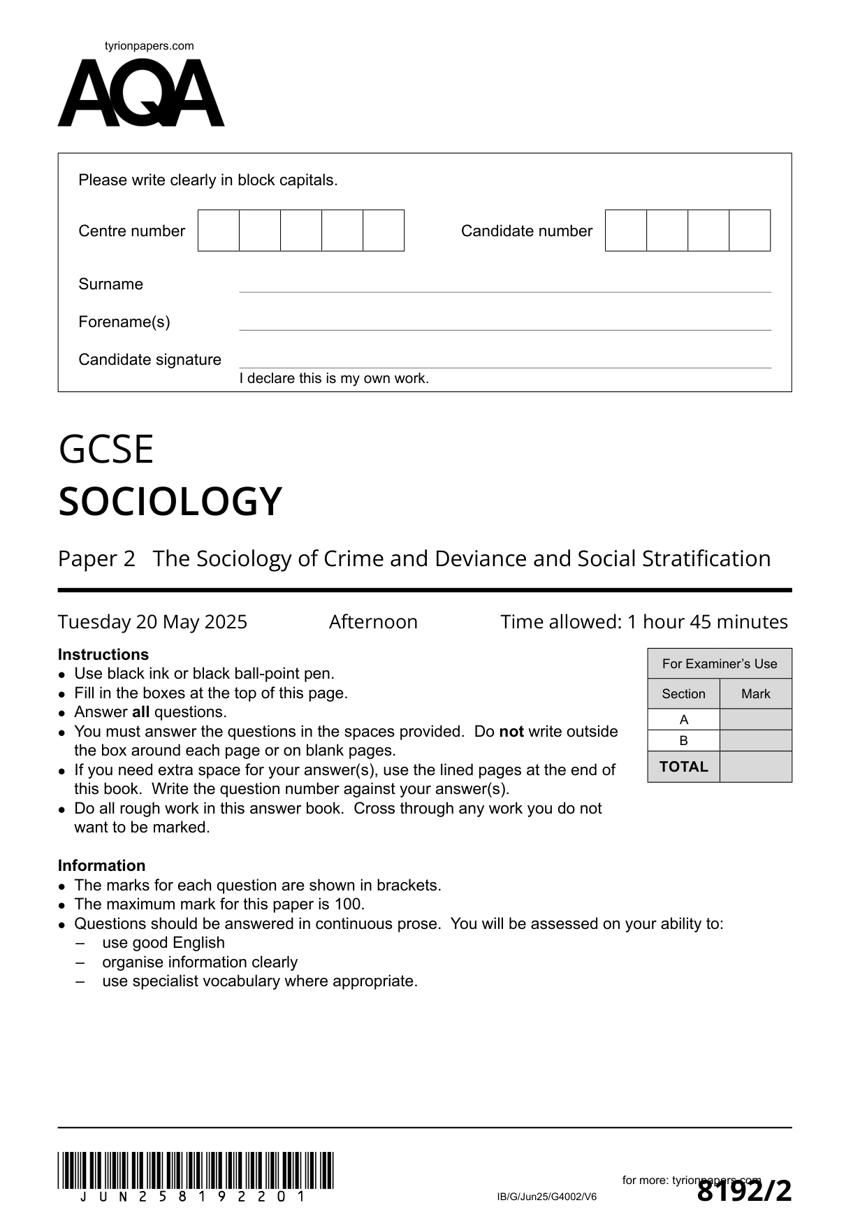 AQA GCSE Sociology Paper 2 2025 Question Paper