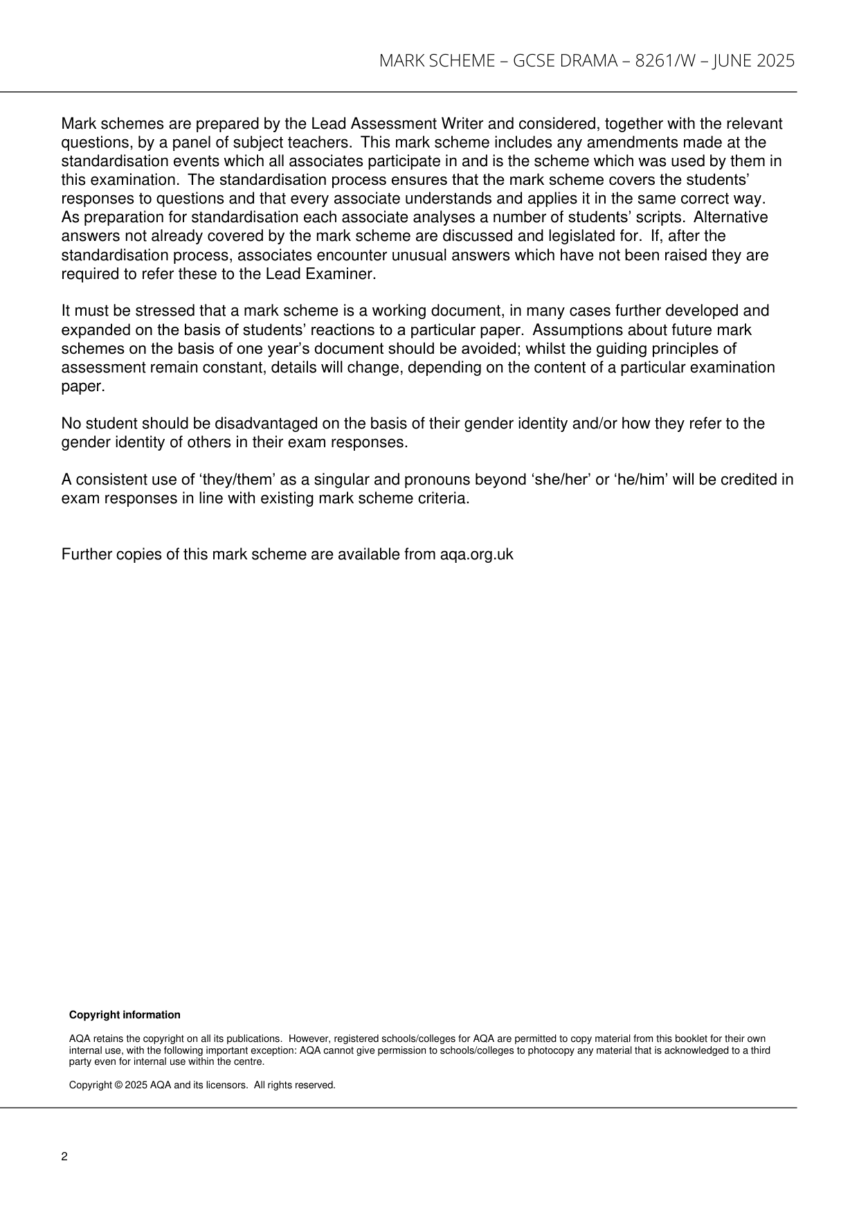 AQA GCSE Drama 2025 Mark Scheme