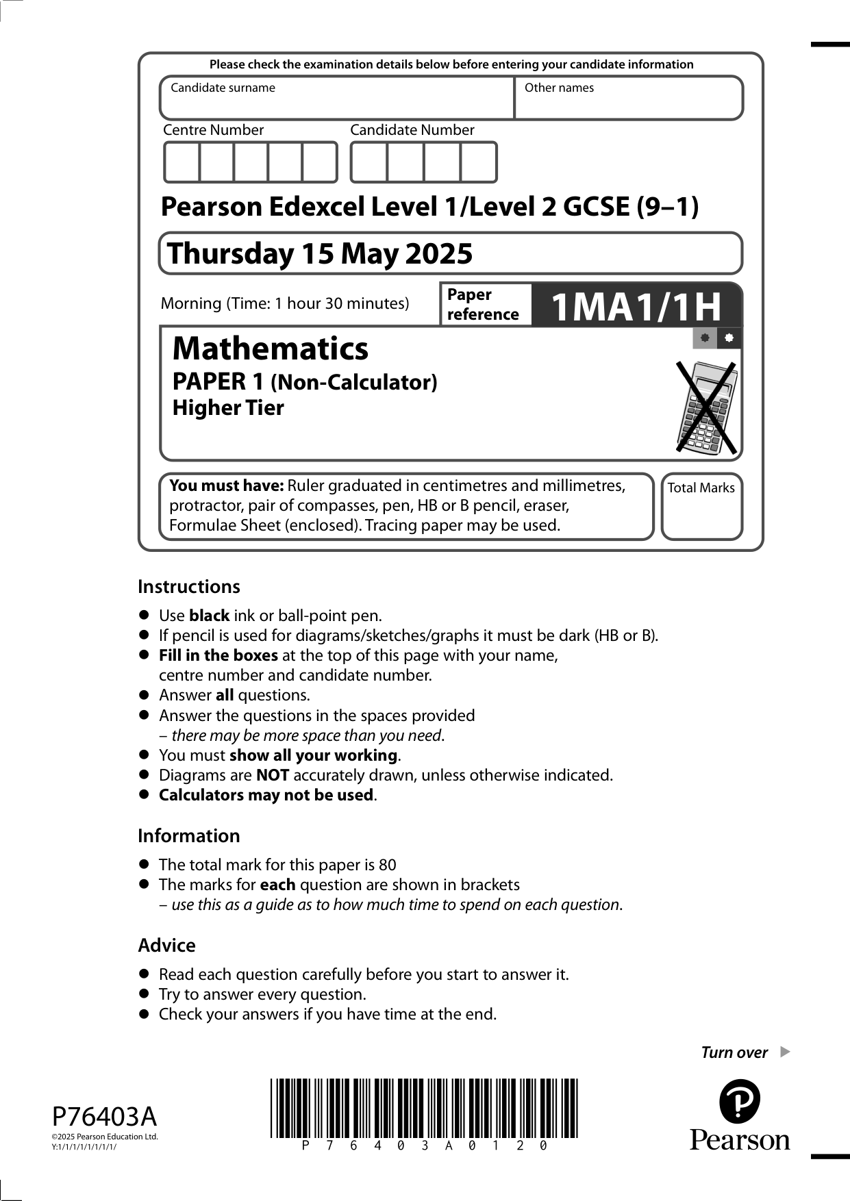 Pearson Edexcel GCSE Maths Paper 1H 2025 Question Paper PDF