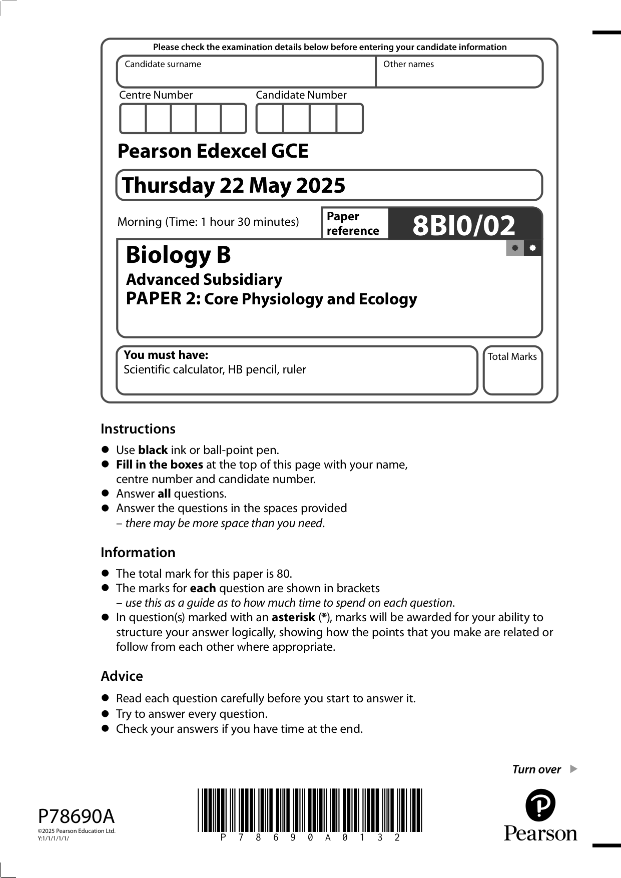 Pearson Edexcel AS Biology B Paper 2 2025 Question Paper