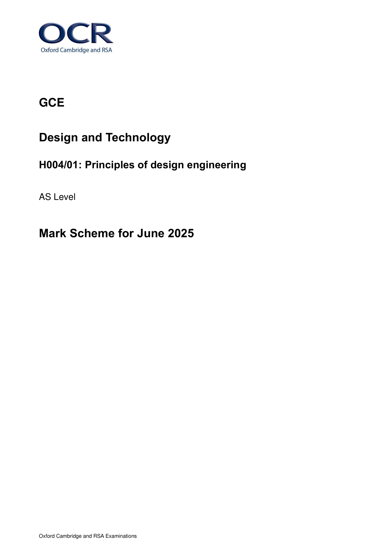 OCR A Level Design Engineering Paper 1 Mark Scheme